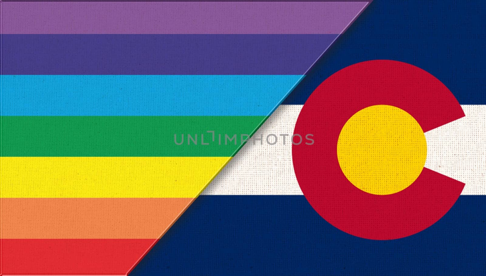 Flags of Colorado and lgbt. sexual concept. Double flag 3d illustration. Flag symbol Iowa. Flags of Colorado and and flag of sexual minorities. Two flags on fabric surface. Symbol of sexual minorities