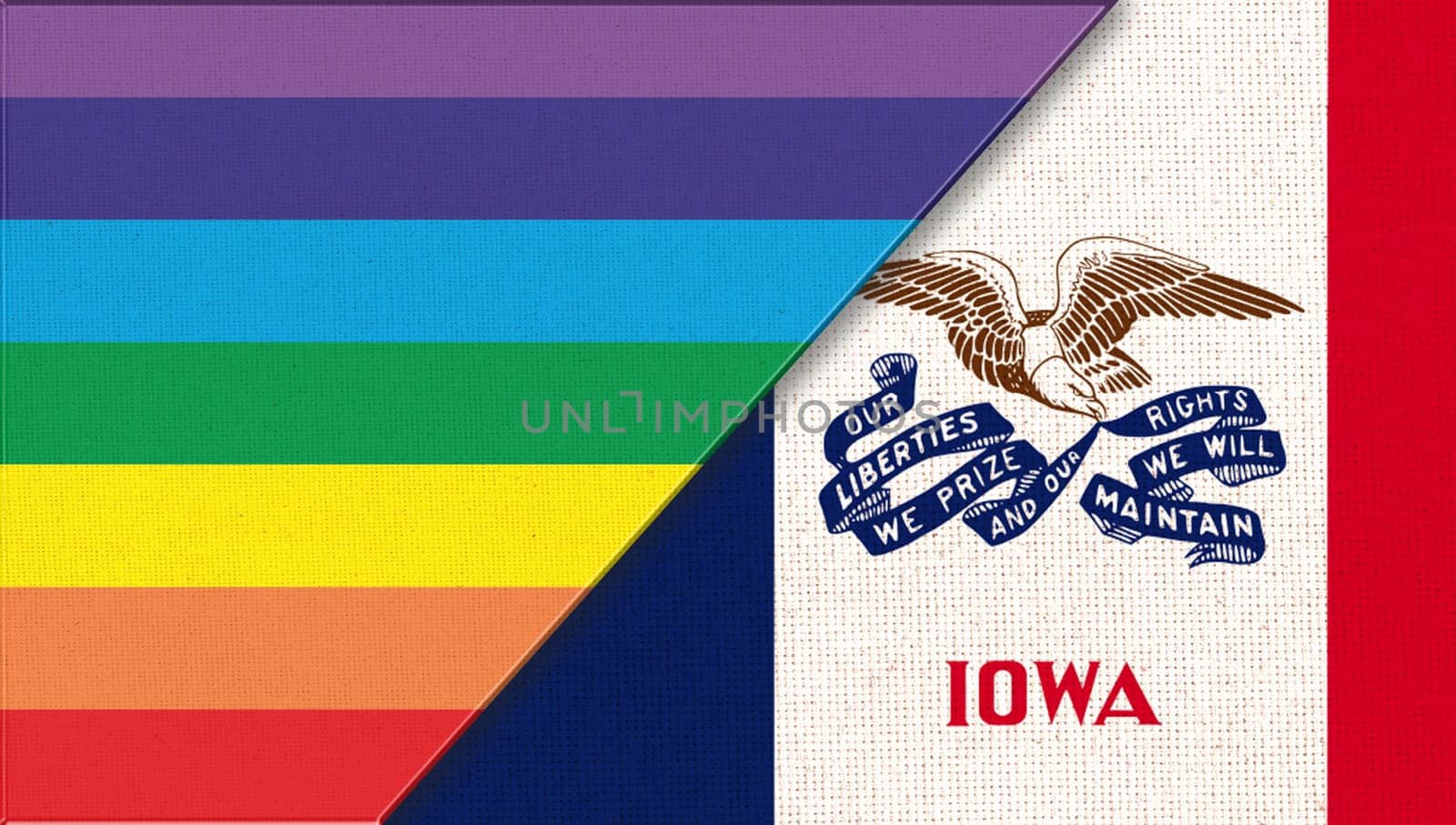 Flags of Iowa and lgbt. sexual concept. Double flag 3d illustration. Flag symbol Iowa. Flags of Iowa and and flag of sexual minorities on fabric surface. Two flags on fabric surface.