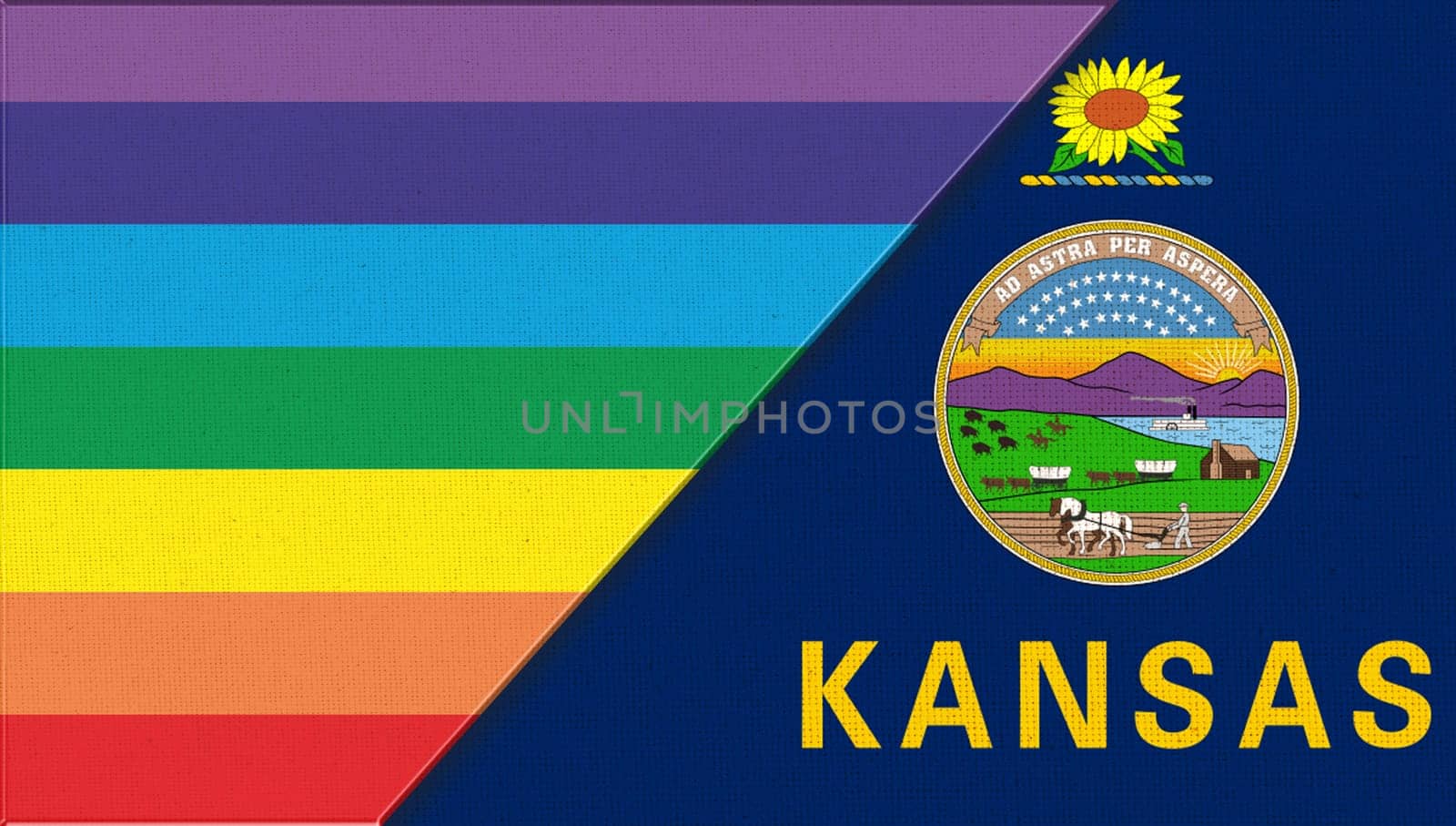 Flags of Kansas and lgbt. sexual concept. Double flag 3d illustration. Flag symbol Iowa. Flags of Kansas and and flag of sexual minorities. Two flags on fabric surface. Symbol of sexual minorities