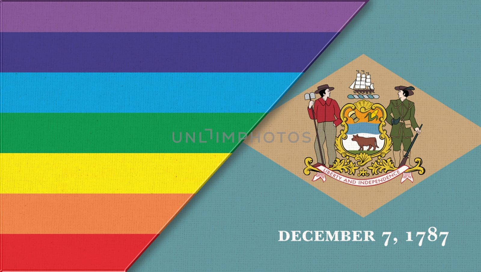 Flags of Delaware and lgbt. sexual concept. Flags of Delaware and and flag of sexual minorities on fabric surface. Two flags on fabric surface. Double flag 3d illustration. Flag symbol