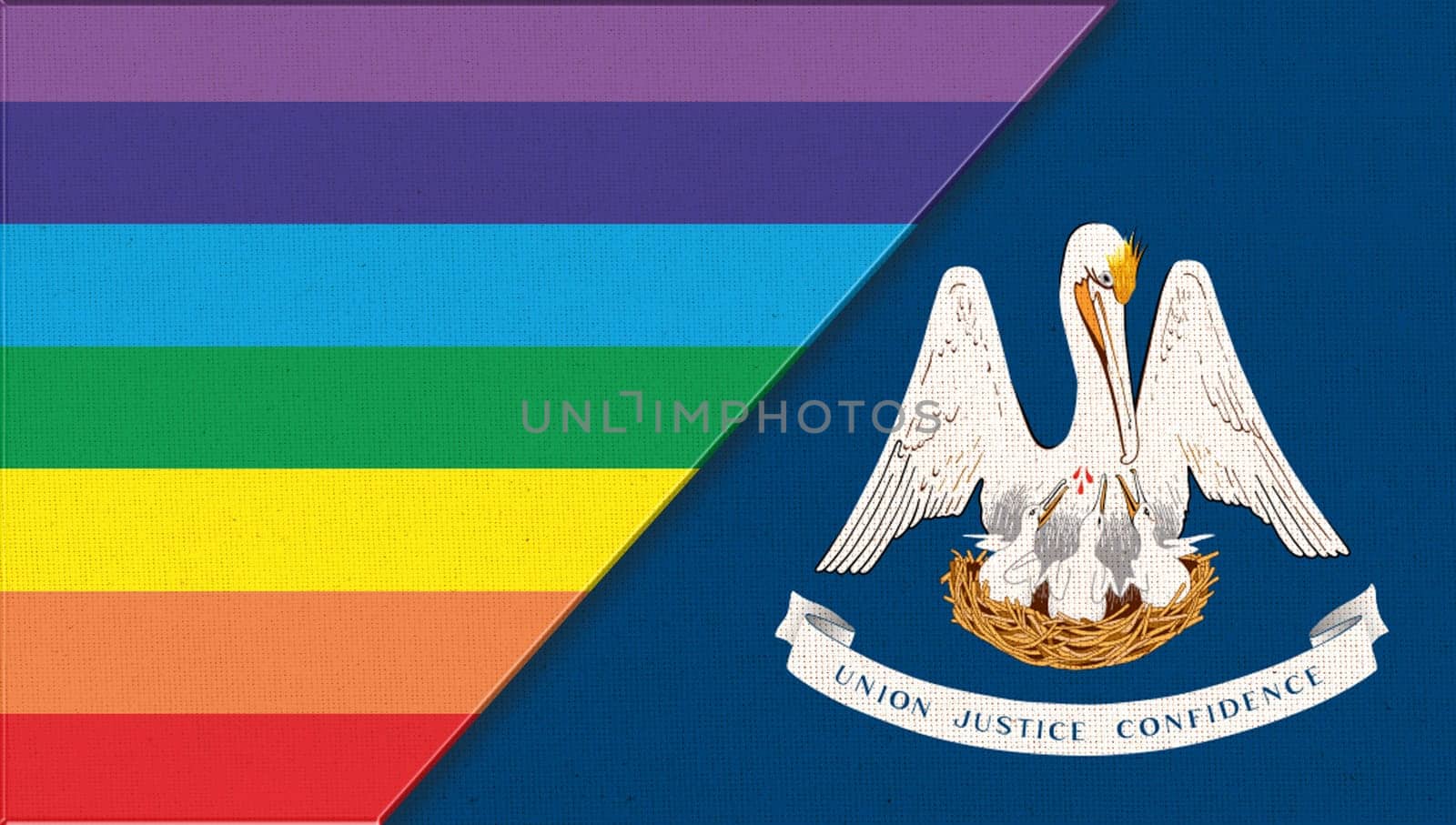 Flags of Louisiana and lgbt. sexual concept. Double flag 3d illustration. Flag symbol Louisiana. Flags of Louisiana and and flag of sexual minorities. Two flags on fabric surface. Symbol of sexual minorities