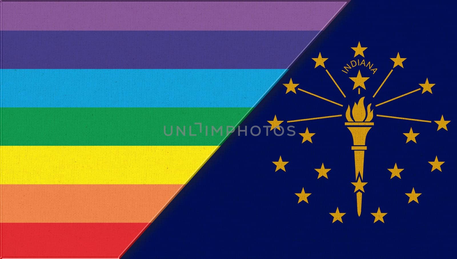 Flags of Indiana and lgbt. sexual concept. Double flag 3d illustration. Flag symbol Iowa. Flags of Indiana and and flag of sexual minorities on fabric surface. Two flags on fabric surface.