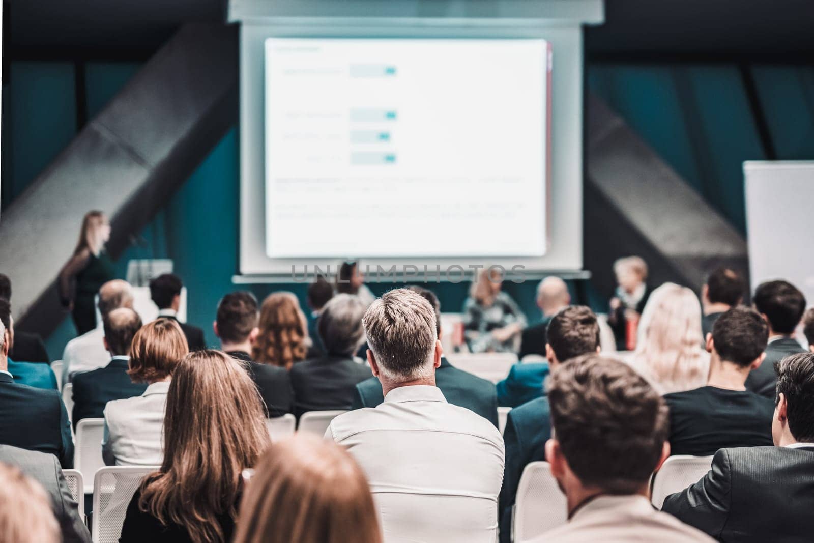Round table discussion at business convention and Presentation. Audience at the conference hall. Business and entrepreneurship symposium.