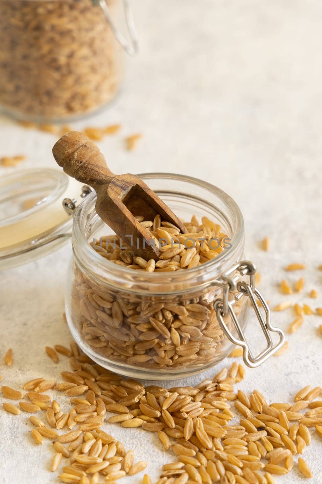 Glass jar of raw dry rye grain with a wooden spoon on white table close up. Healthy alternative low gluten seeds. Protein source for vegan and vegetarian diet.