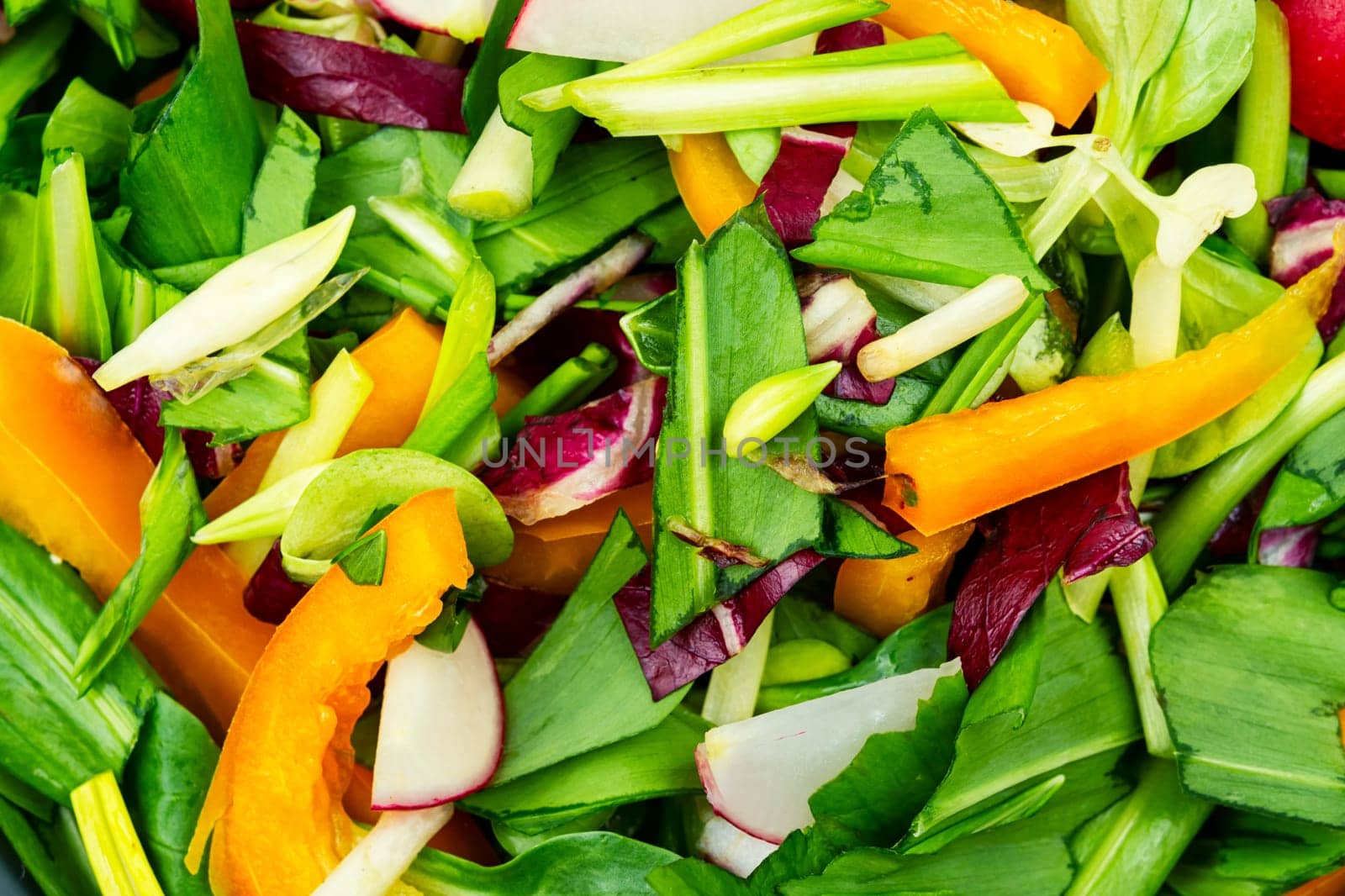 Green salad with vegetables and green bear leek or wild garlic leaves . Close up
