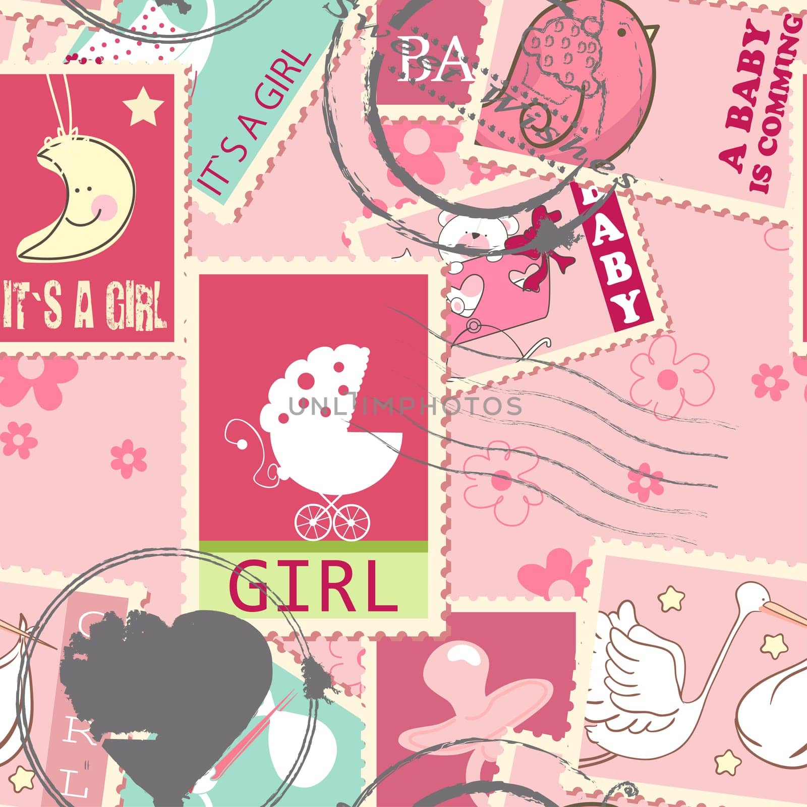 Seamless pattern with Baby Girl celebration postage stamps