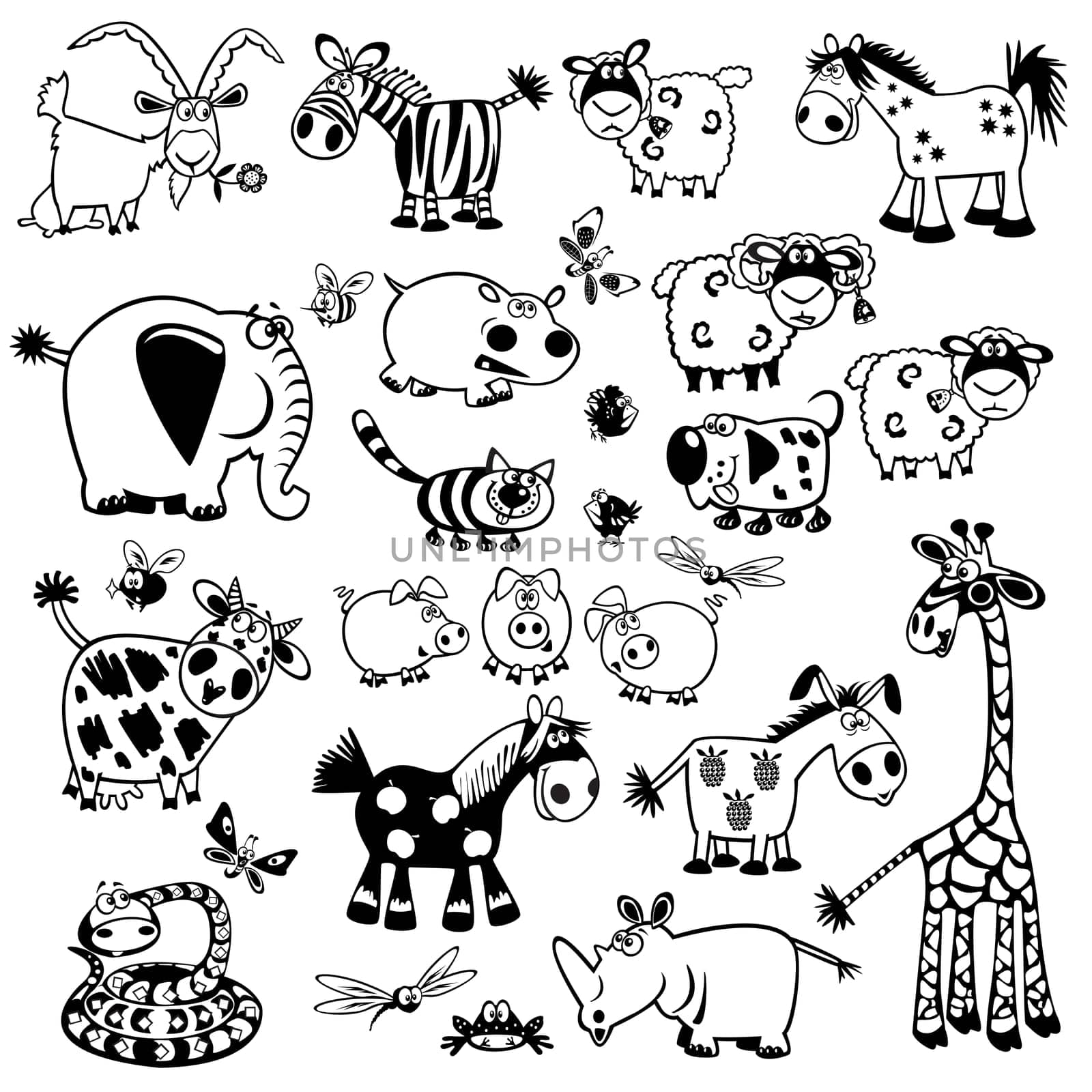 set cute childish animals,black and white pictures,children illustration,collection of images for babies and little kids