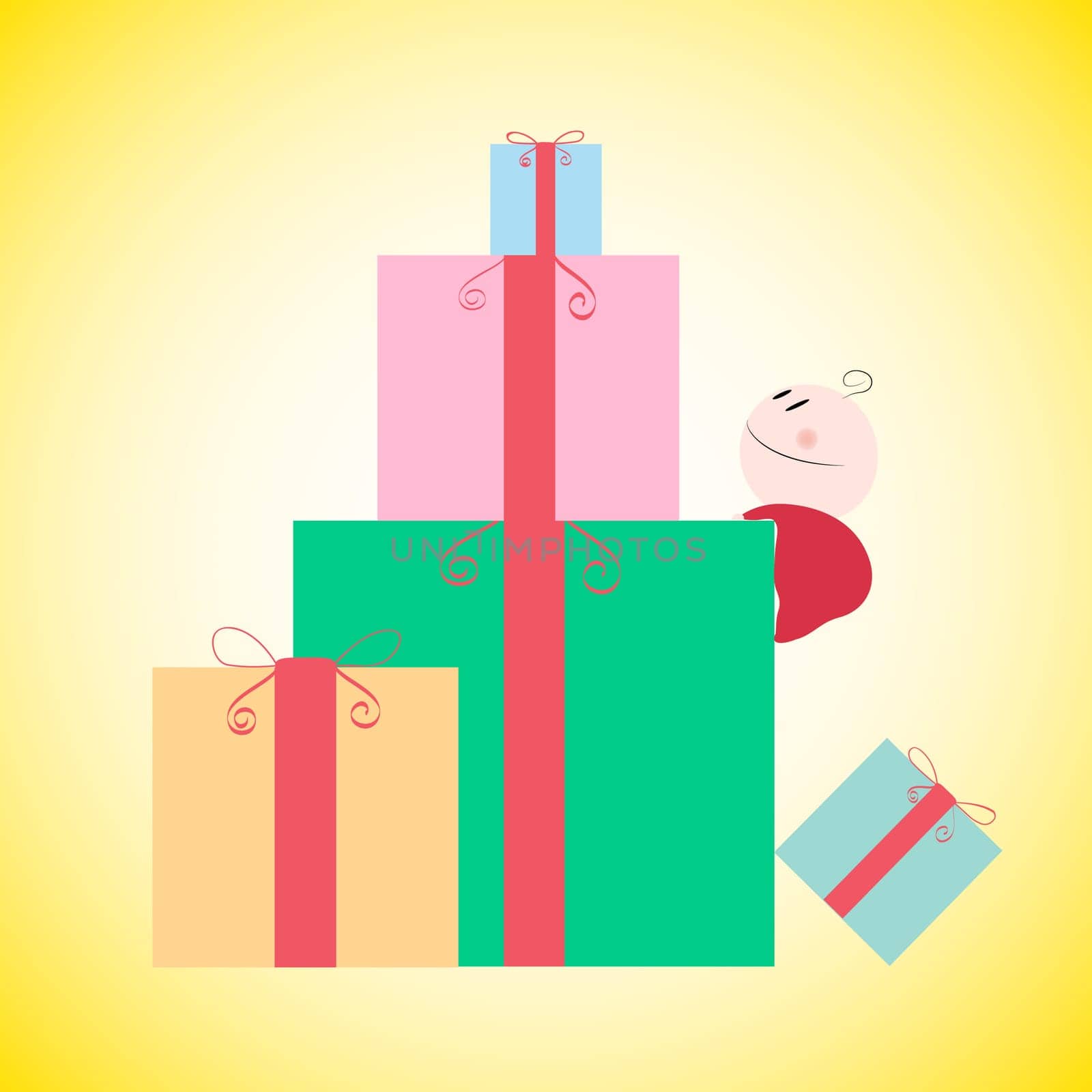 Illustration of a baby boy climbing the gift pile