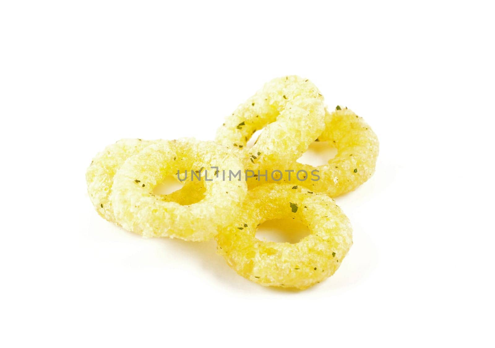 Onion rings as a snack on a white background