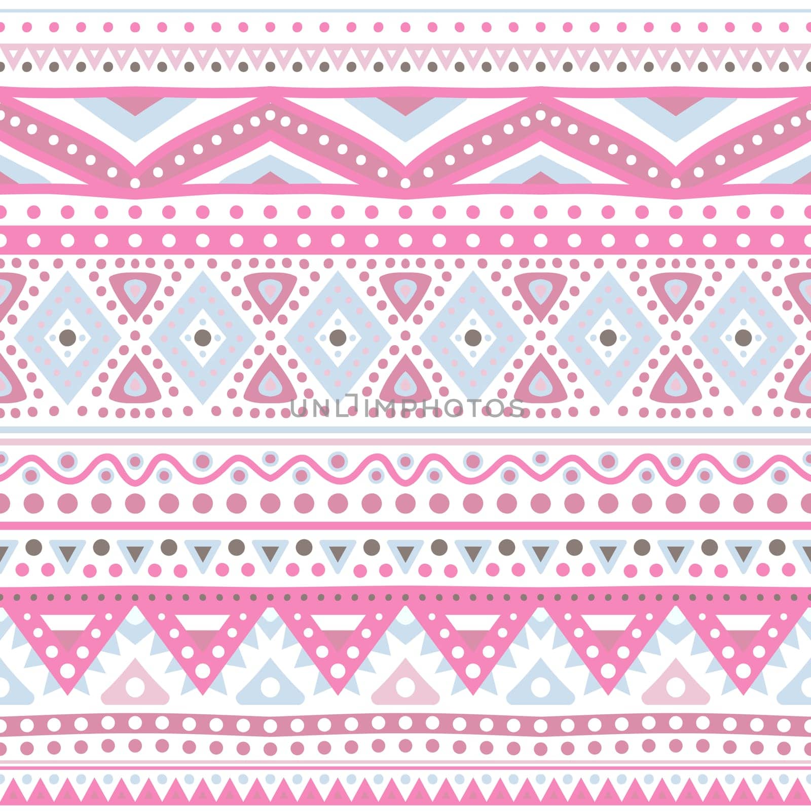 Tribal ethnic seamless stripe pattern. Vector illustration for your cute feminine romantic design. Aztec sign on white background. Pink and blue colors. Borders and frames.