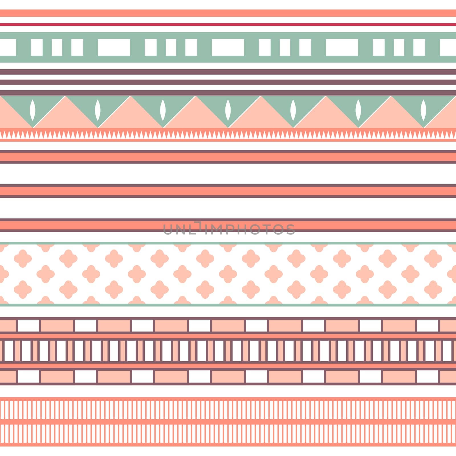 Tribal ethnic seamless stripe pattern. Vector illustration for your cute feminine romantic design. Aztec sign on white background. Pink, red and blue colors. Borders and frames.