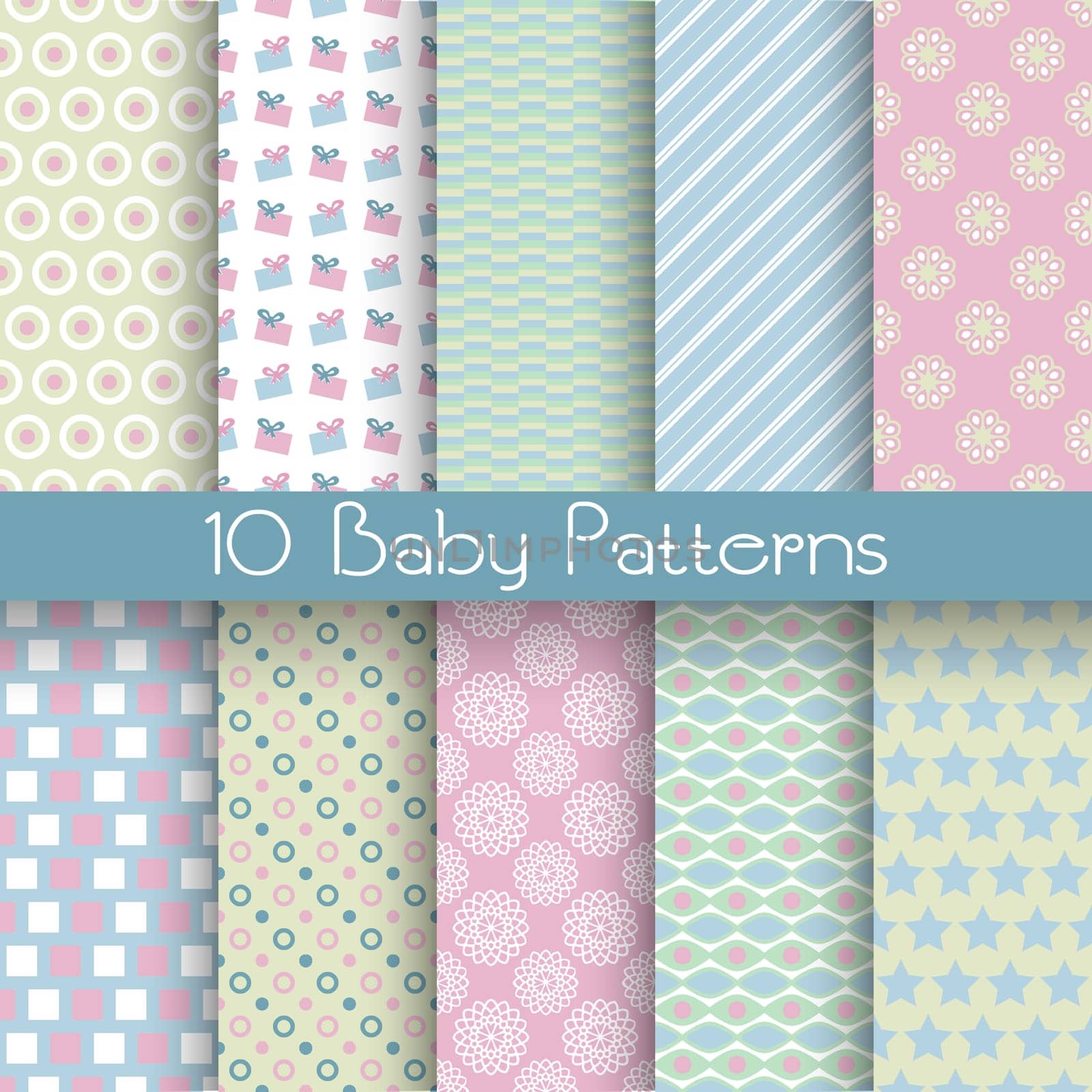 10 Baby pastel different vector seamless patterns (tiling). Endless texture can be used for wallpaper, pattern fills, web page background, surface textures. Set of monochrome geometric ornaments.