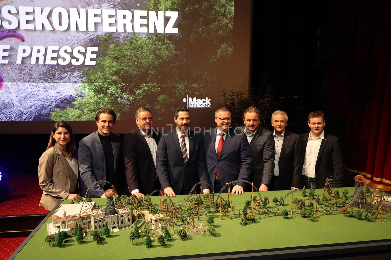 Representatives from Croatia and the operating family Mack from Europapark present the model of the new coaster,which is to be handed over to a destination in 2024 - Europapark Rust at the press conference for the season opening 2023