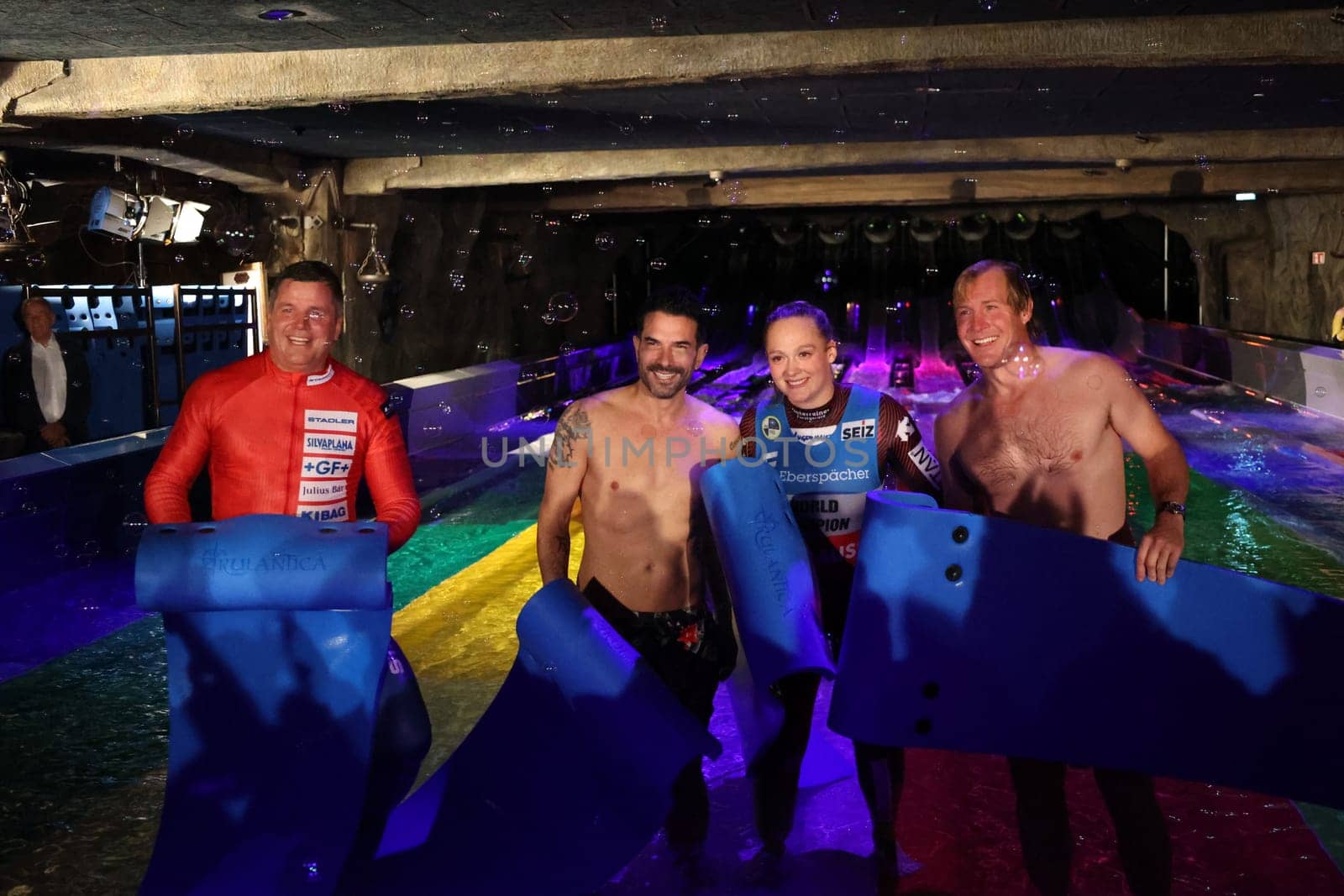 Olympic bobsleigh champion Beat Hefti,Marc Terenzi,luge world champion Anna Berreiter and big wave surfer Andrew Cotton after the race on Europ's largest speed slide in Europapark Rust at the press conference for the opening of the 2023 season
