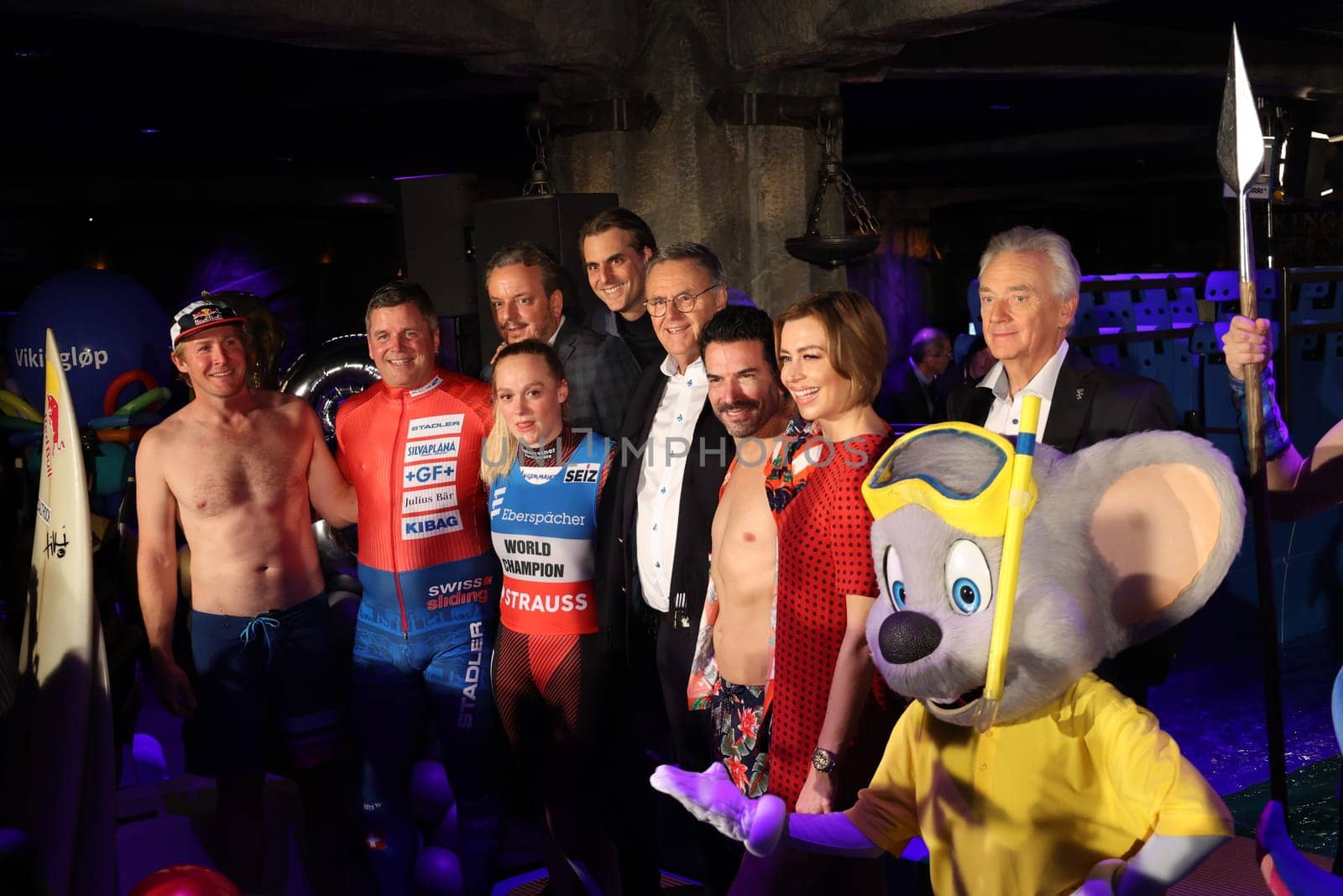 The operating family Mack from Europapark Rust at the opening of the new speed slide Vikingglop with the stars,luger Anna Berreiter (Berchtesgaden),Olympic bobsleigh champion Beat Hefti (Switzerland),Marc Terenzi (pop singer) and Andrew Cotton (big wave surfer) in Europapark Rust at the press conference for the season opening 2023