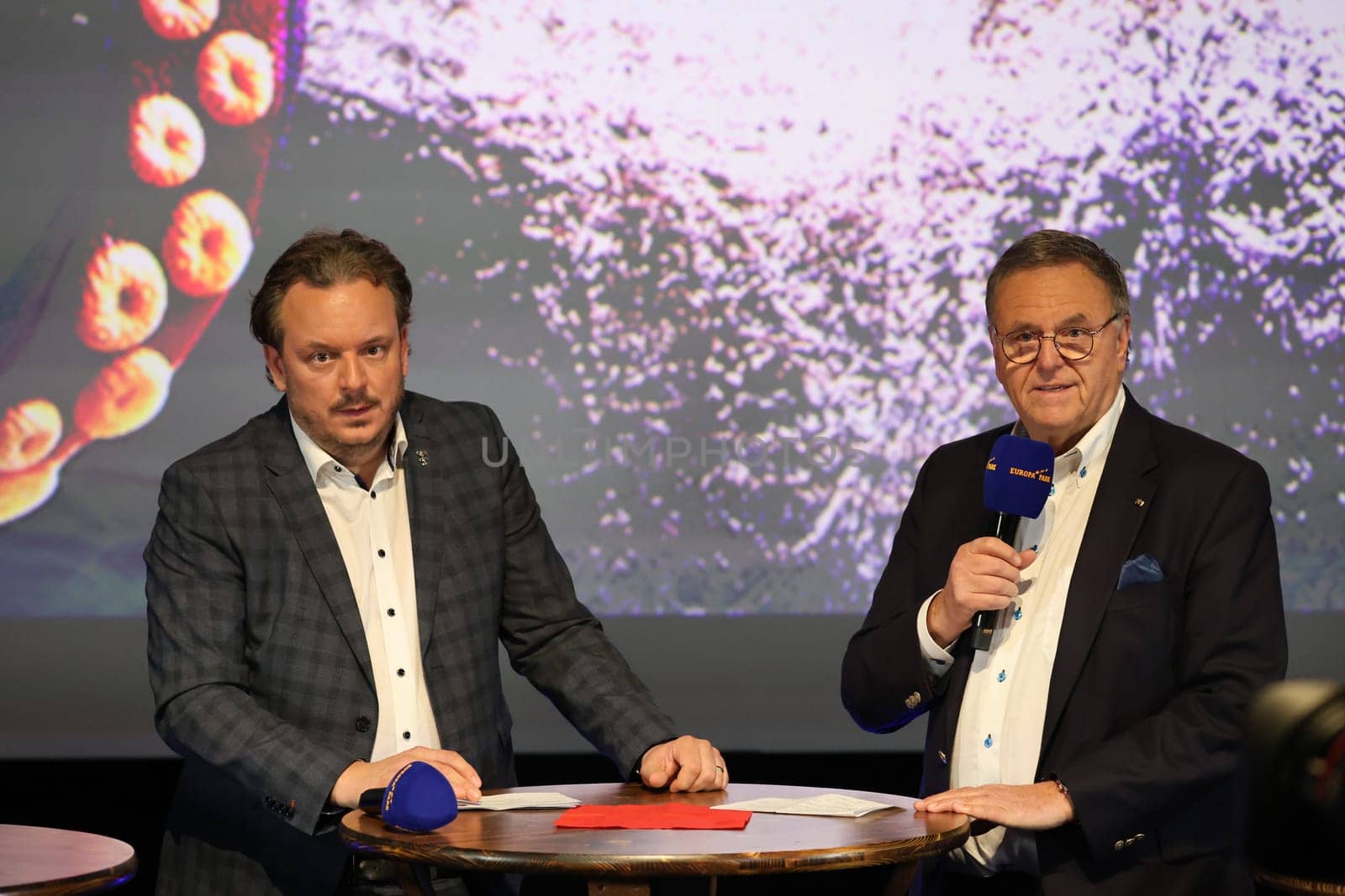 Michael Mack (Junior Manager Europapark Rust) with his father Dr. Roland Mack (Managing Director Europapark Rust) at Europapark Rust at the press conference for the season opening 2023