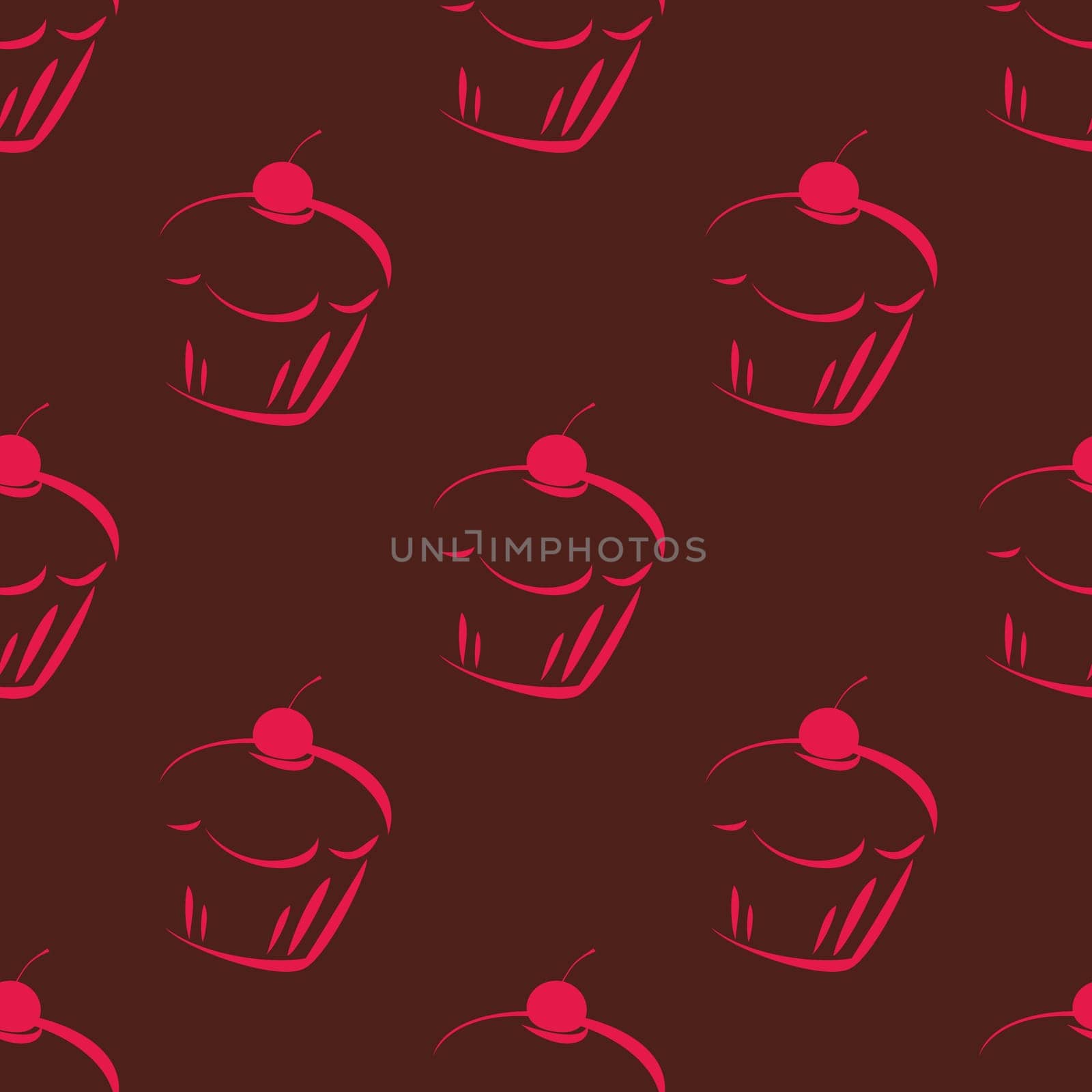 Seamless dark vector pattern or tile texture with chocolate cupcakes, muffins, sweet cake and pink cherry and brown background. Sweets for valentines, wallpaper, desktop or culinary blog website.