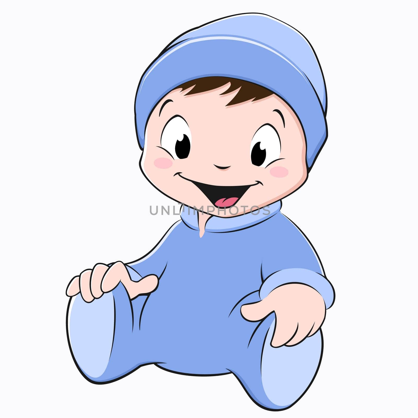 Vector illustration of a sitting baby wearing blue onesie