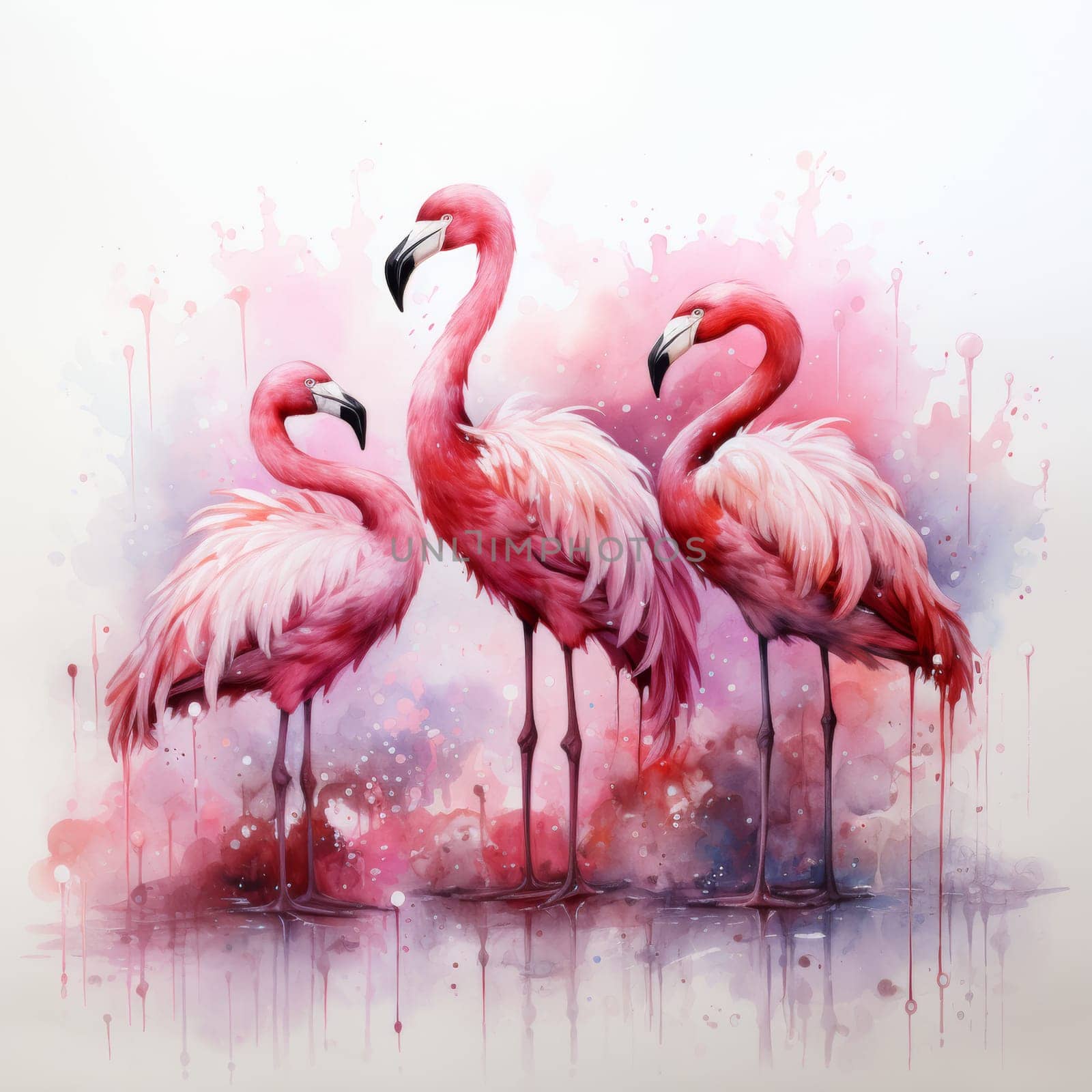 Image of three pink flamingos on a white background. High quality photo