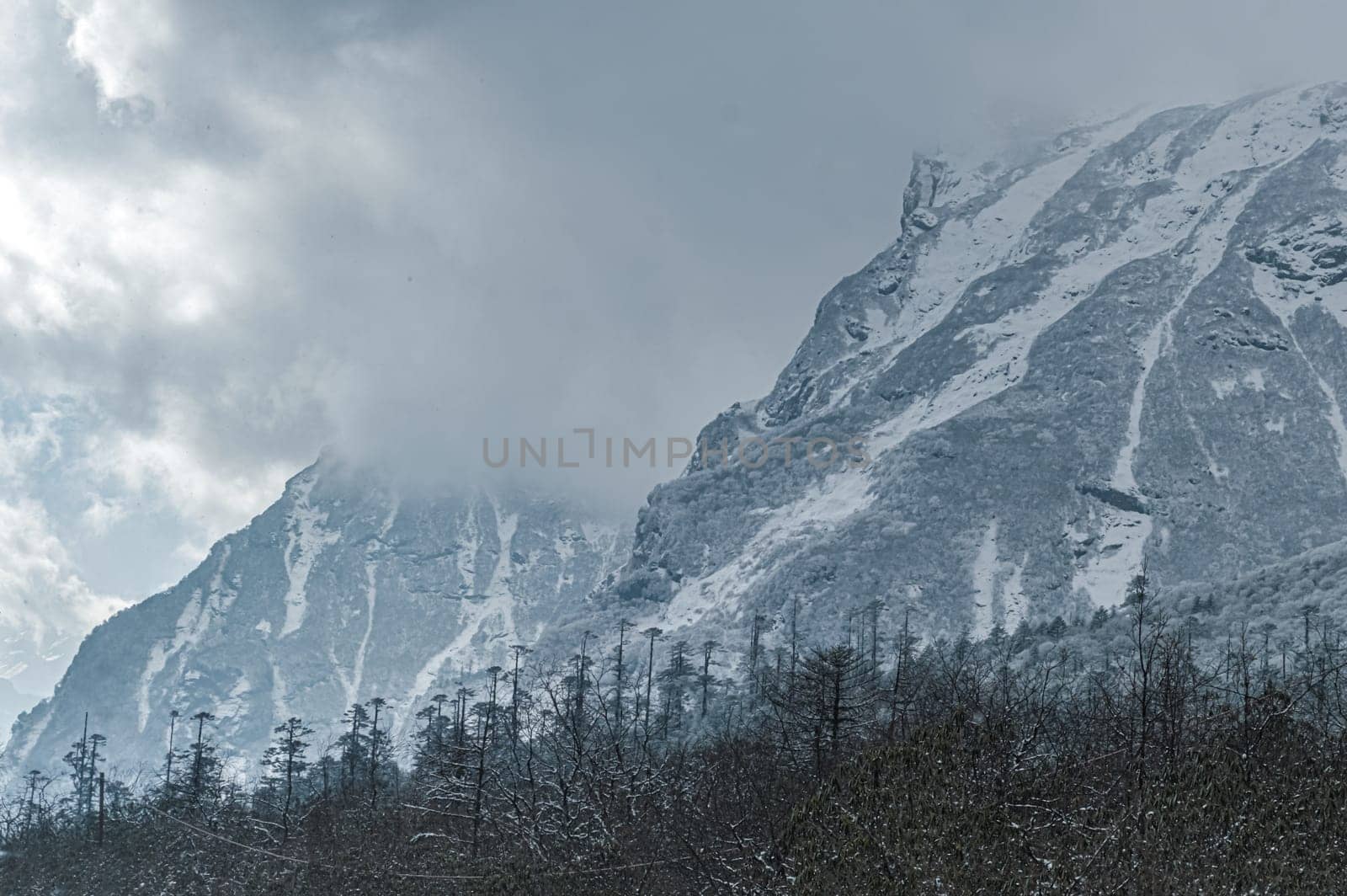 Winter Cloudy Foggy Mountain Landscape. Snow-covered mountain covered with floating rainy clouds.