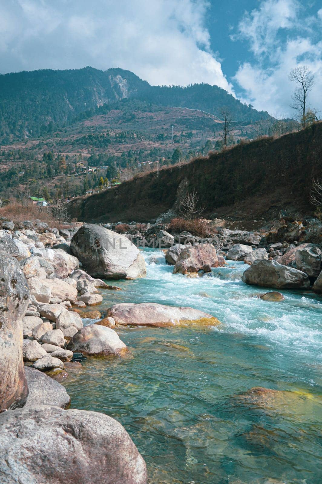 Rock creek mountain river flowing in a Rocky himalayan Mountain Valley. Teasta River tributary. Vertical Image. Sikkim West Bengal India South Asia Pacific.