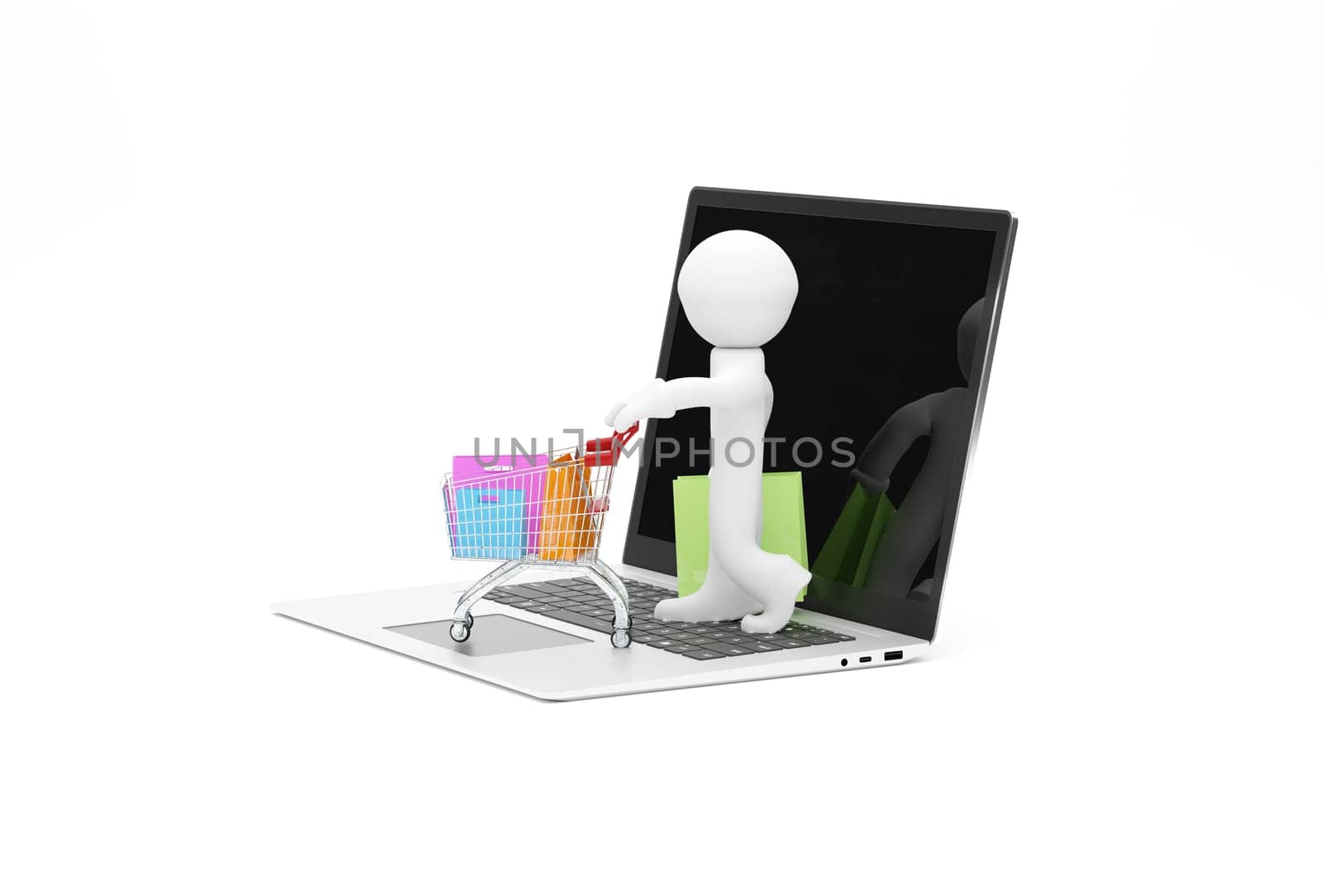 Small character with a shopping trolley on a laptop computer, white background, 3d rendering