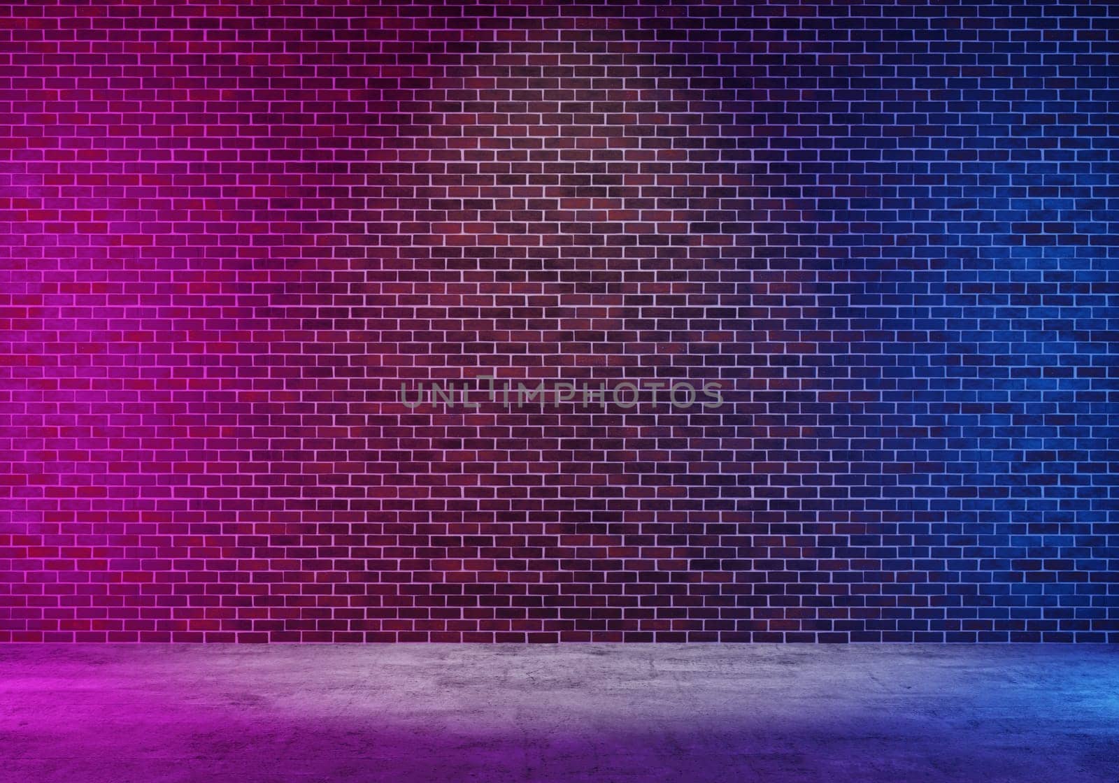Dark brick wall corridor with blue and pink lighting using as background, spot light in the middle, 3d rendering
