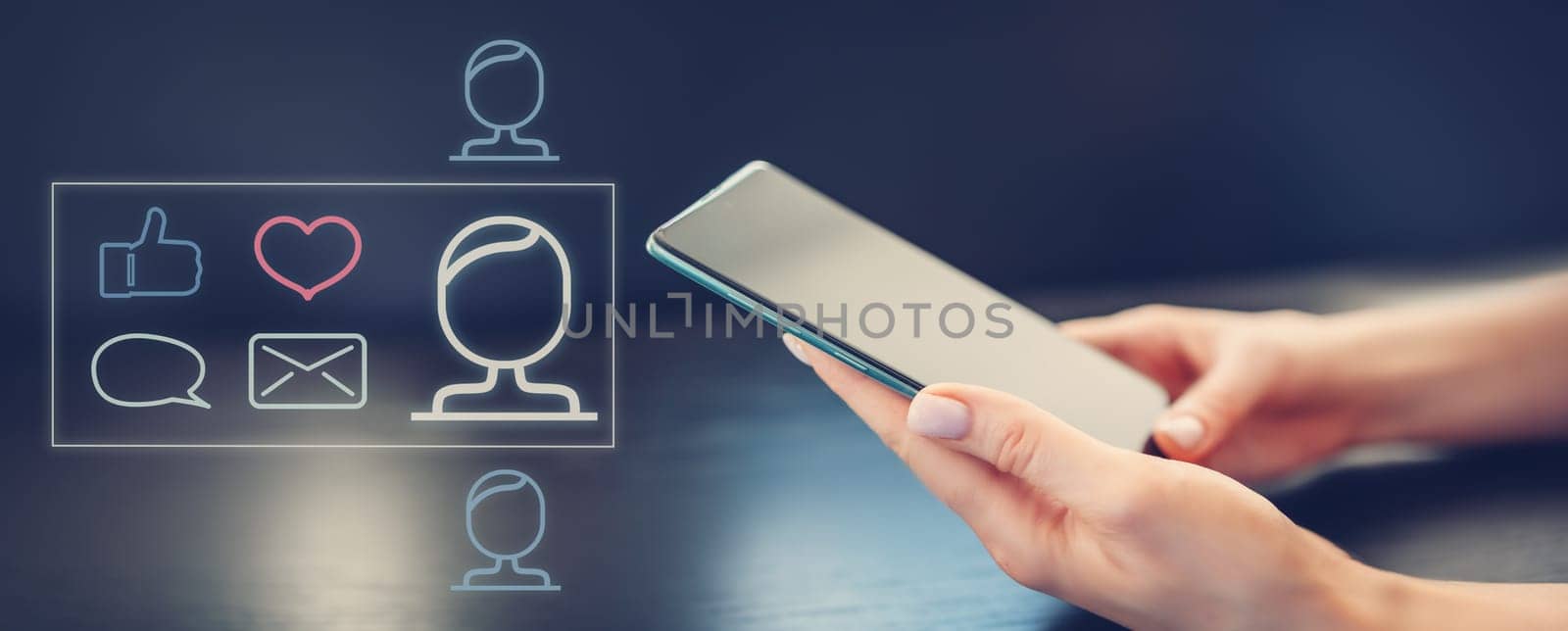 Woman holding in her hands smartphone and chatting. Concept of the global communication in cyberspace.