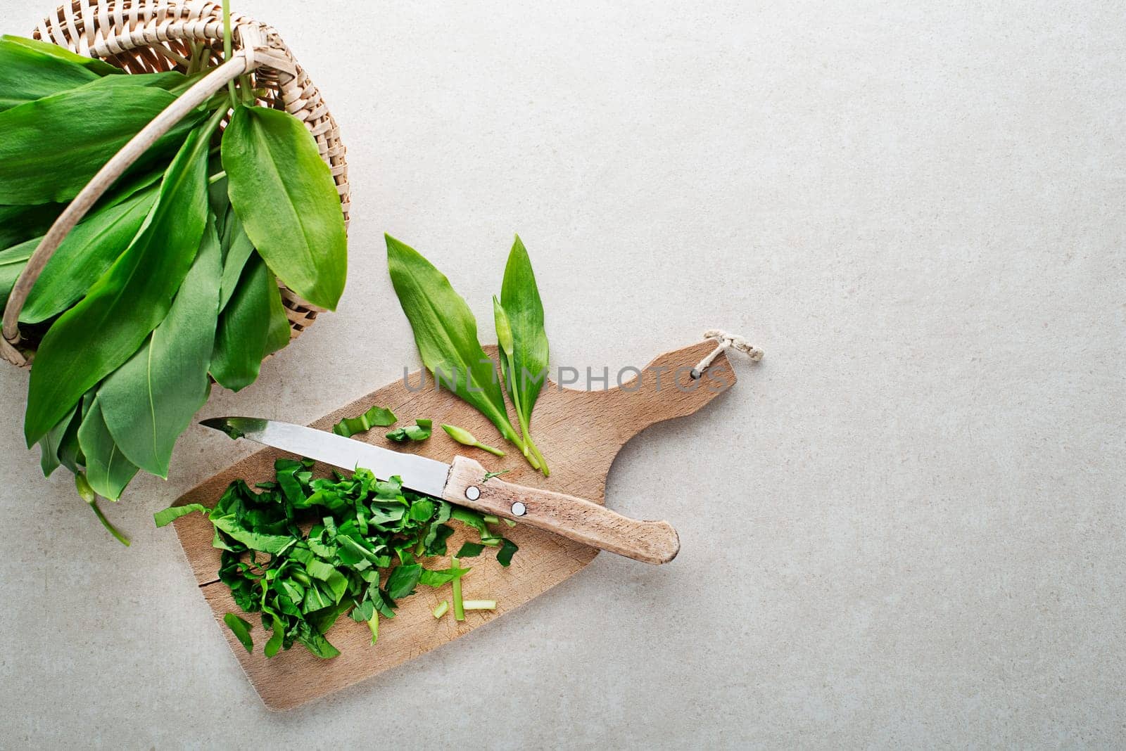 Making meal with Fresh ramson or wild garlic leaves. Healthy spring food concept