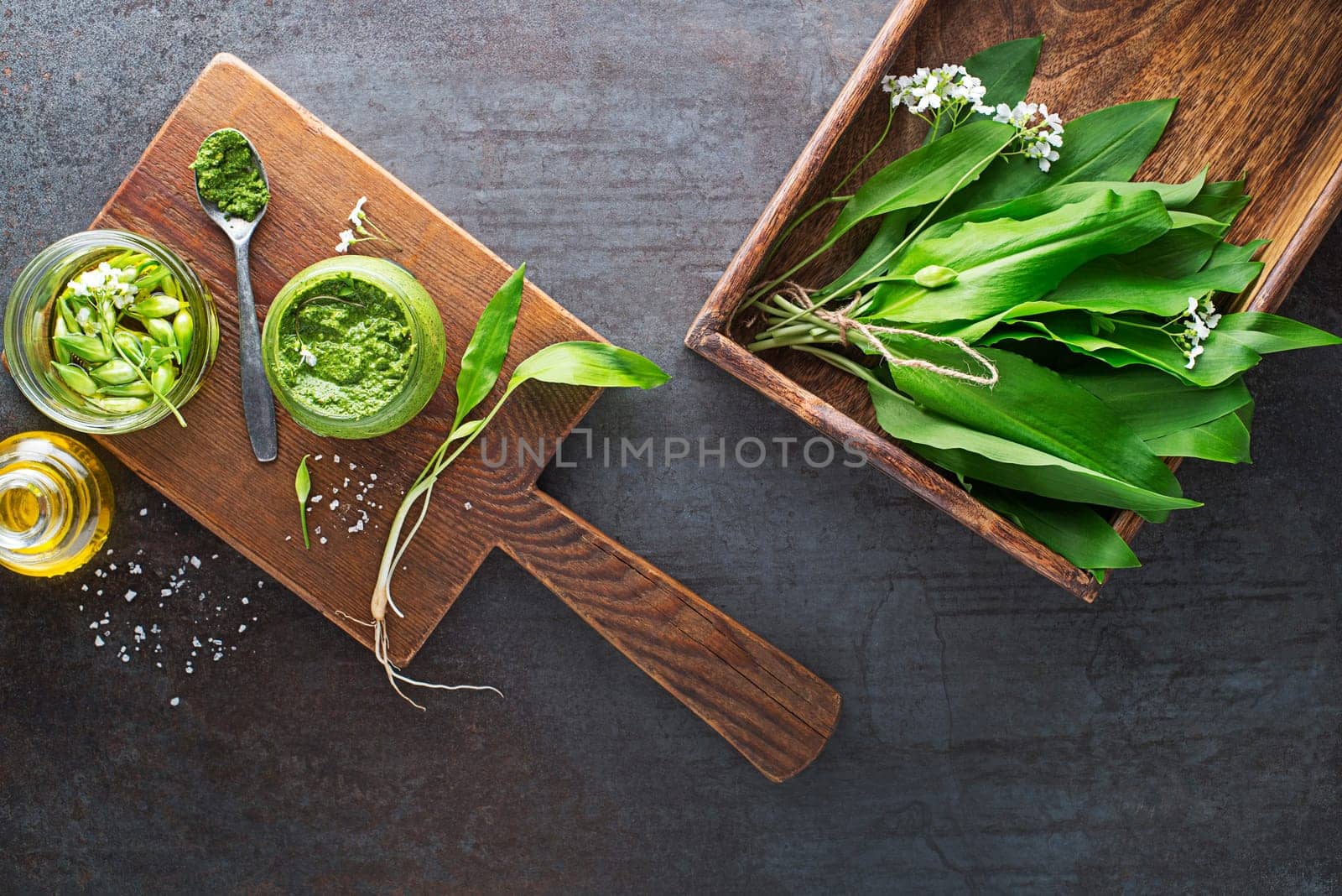 Making Fresh ramson or wild garlic pesto. Healthy spring food concept