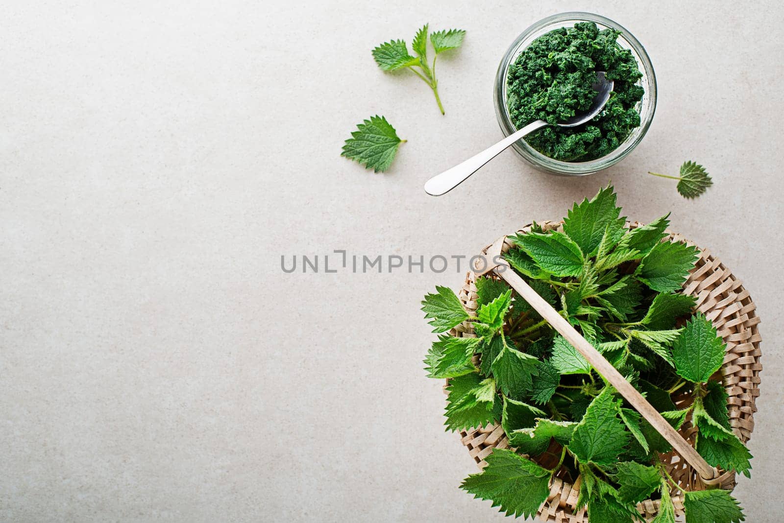Nettle pesto for cooking healthy meal on grey background. Spring healthy food