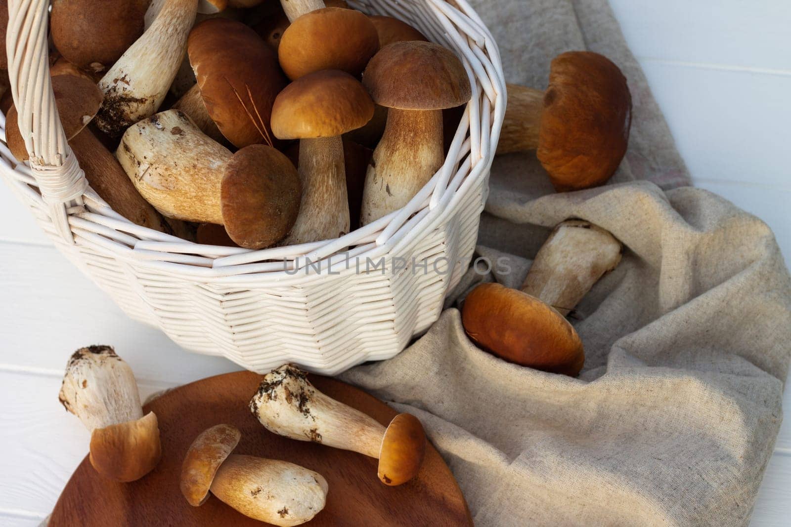 White wicker basket with brown boletus mushrooms.