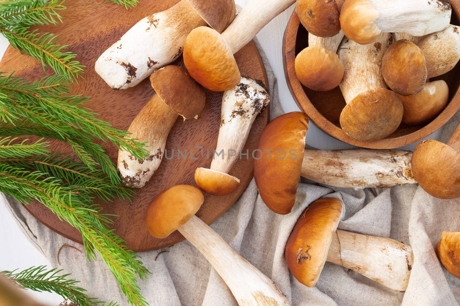 Brown boletus mushrooms on the background of a wooden tray. Top view.