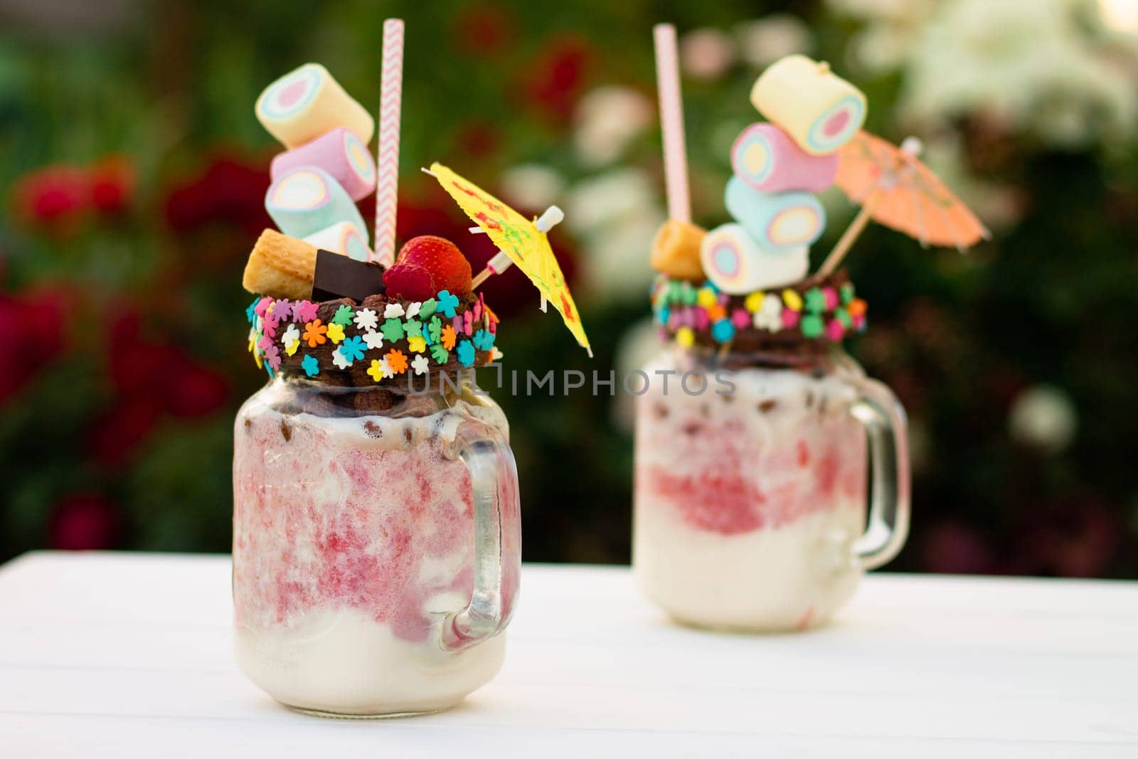 Freakshakes in jars with cocktail umbrella, straw, marshmallow, strawberry, chocolate on a white table on a background of summer flowers.