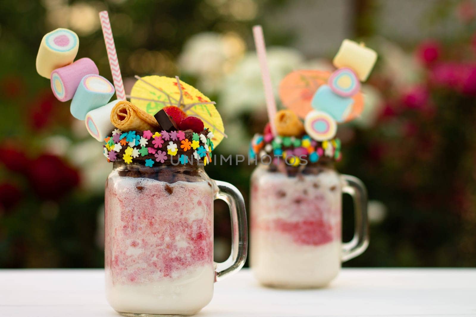 Freakshakes in jars with cocktail umbrella, straw, marshmallow, strawberry, chocolate on a white table on a background of summer flowers.