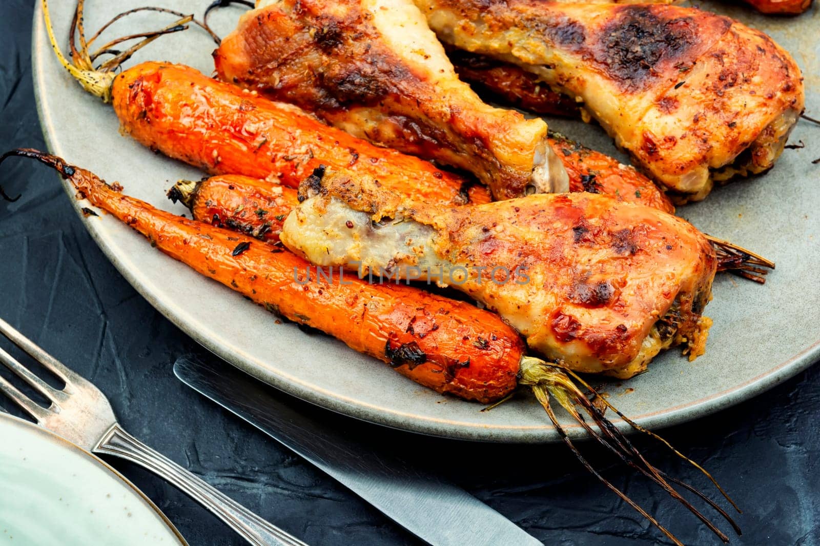 Grilled chicken drumsticks, roast chicken legs with carrots