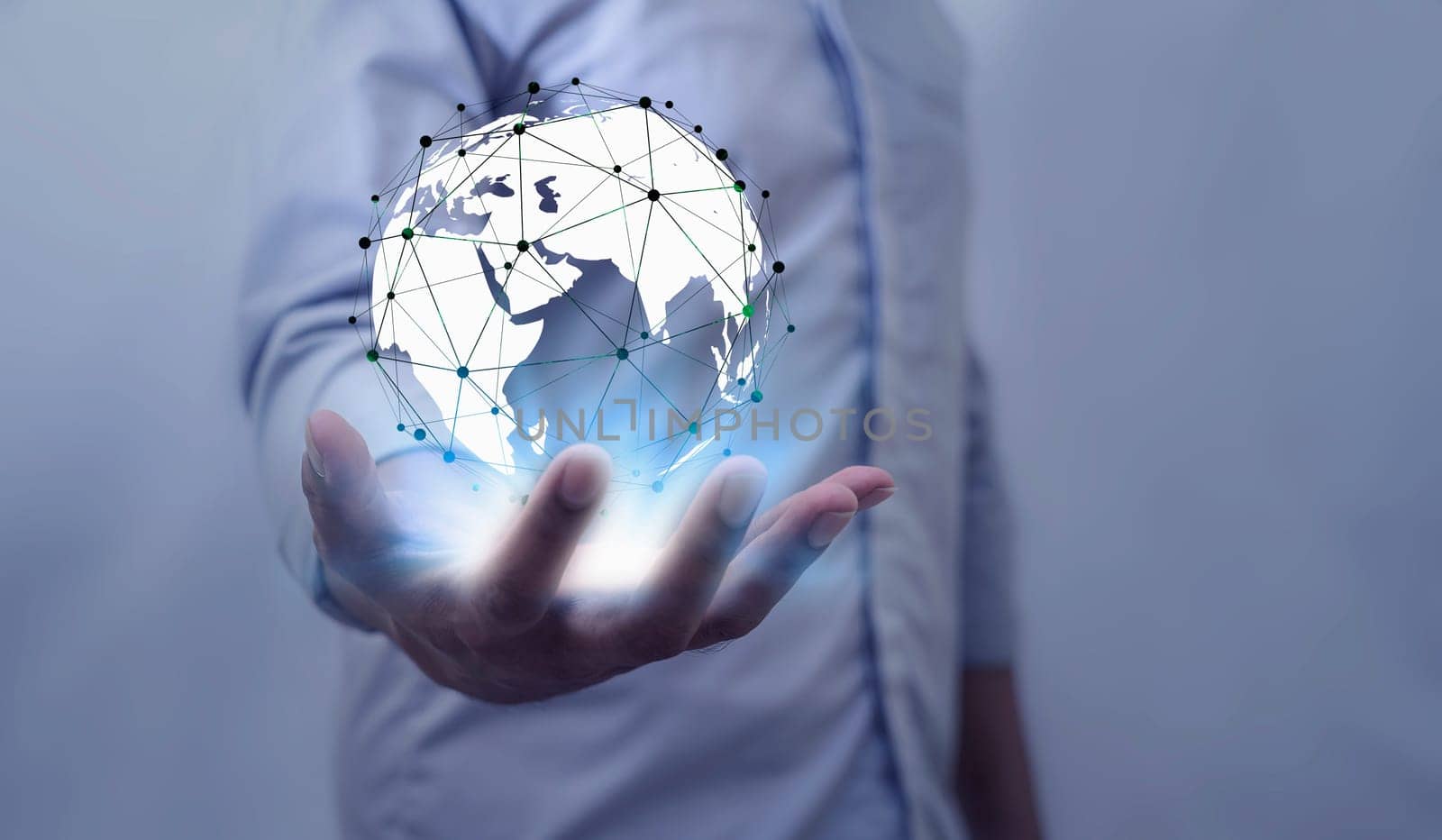 Global internet connection application and technology digital marketing, Financial and banking, Businessman holding globe on blurred background