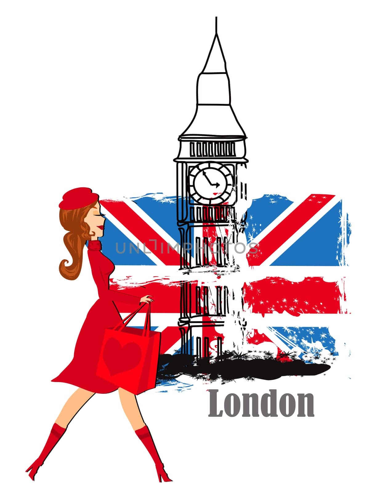 Beautiful elegant woman shopping in London - banner on isolated background