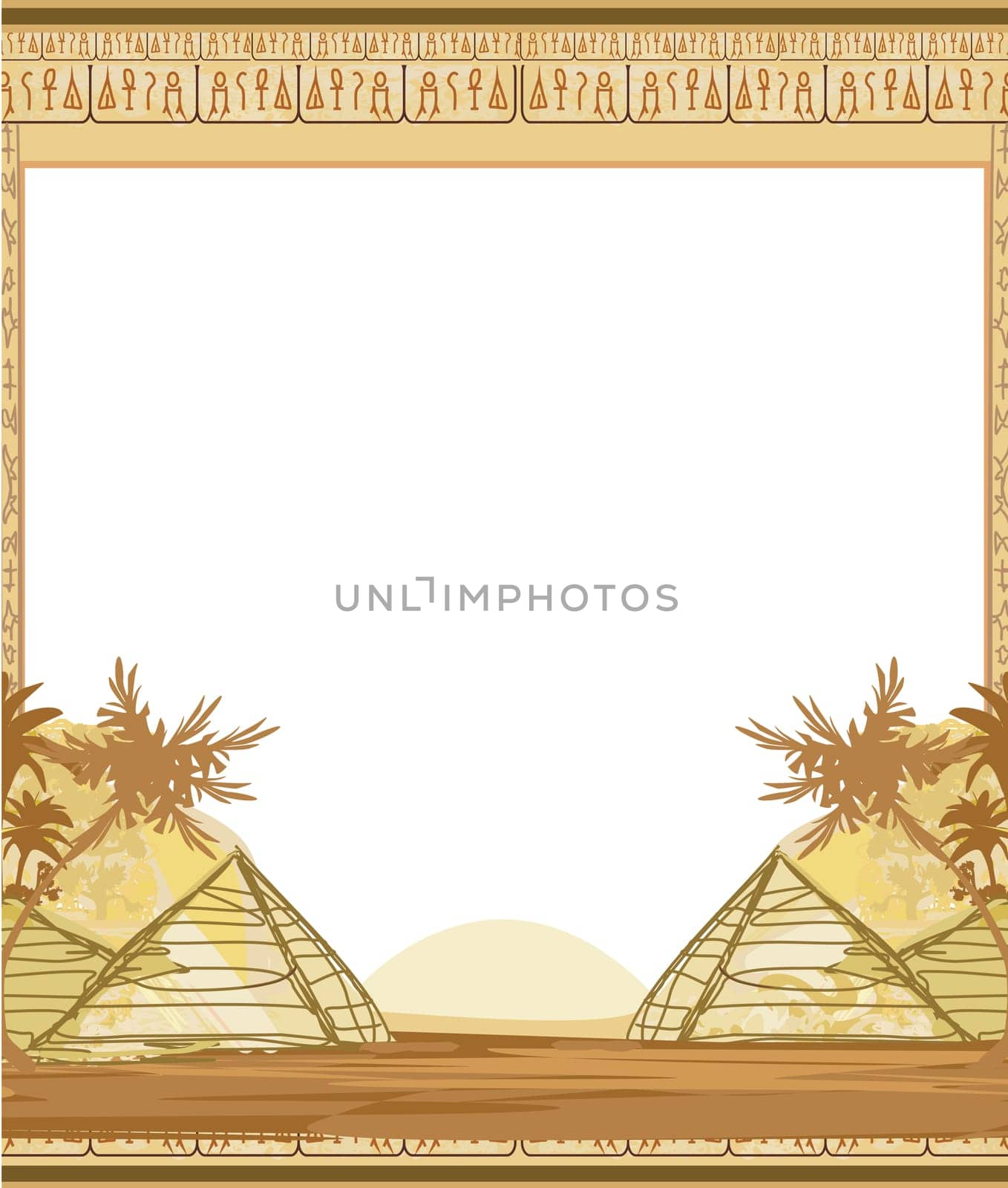 frame with pyramids giza palms and hieroglyphs