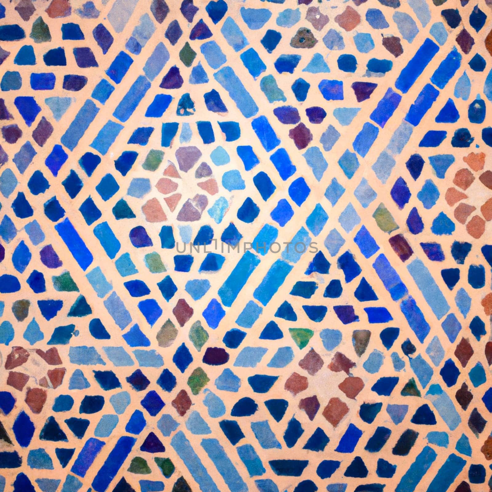 Moroccan mosaic tile, ceramic decoration of Morocco. Mosaic Zelelidge Zellizh Zelij appeared in Morocco in the X century as an imitation of Roman and Greek patterns. Blue and brown ceramic details
