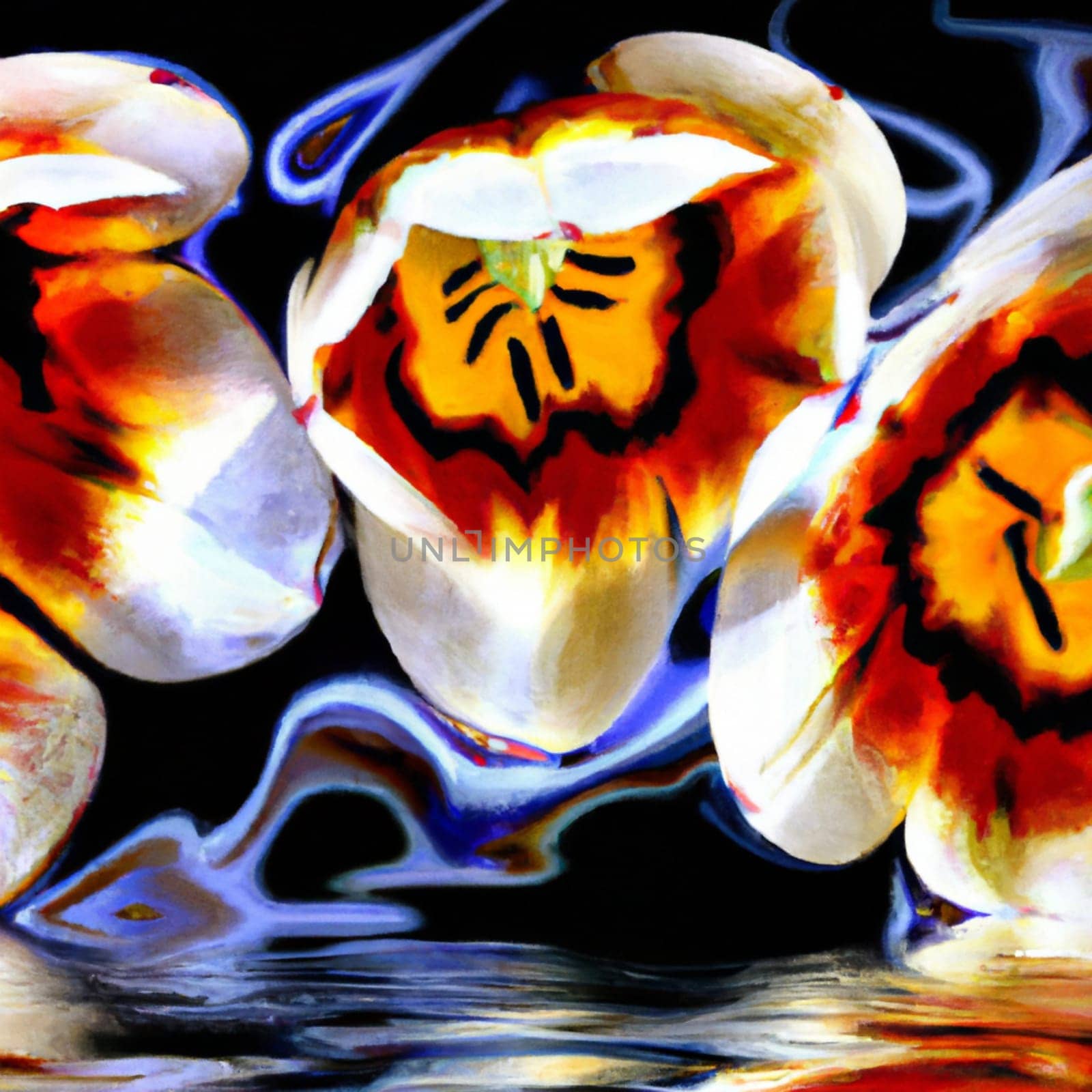 tulip Tulipa, bulbous herbs in the lily family Liliaceae. Garden flowers. Red-orange surreal flowers over abstract blue waves. Flowers delicate bouquet. Beautiful buds. Anamorphic bokeh. Perfume label