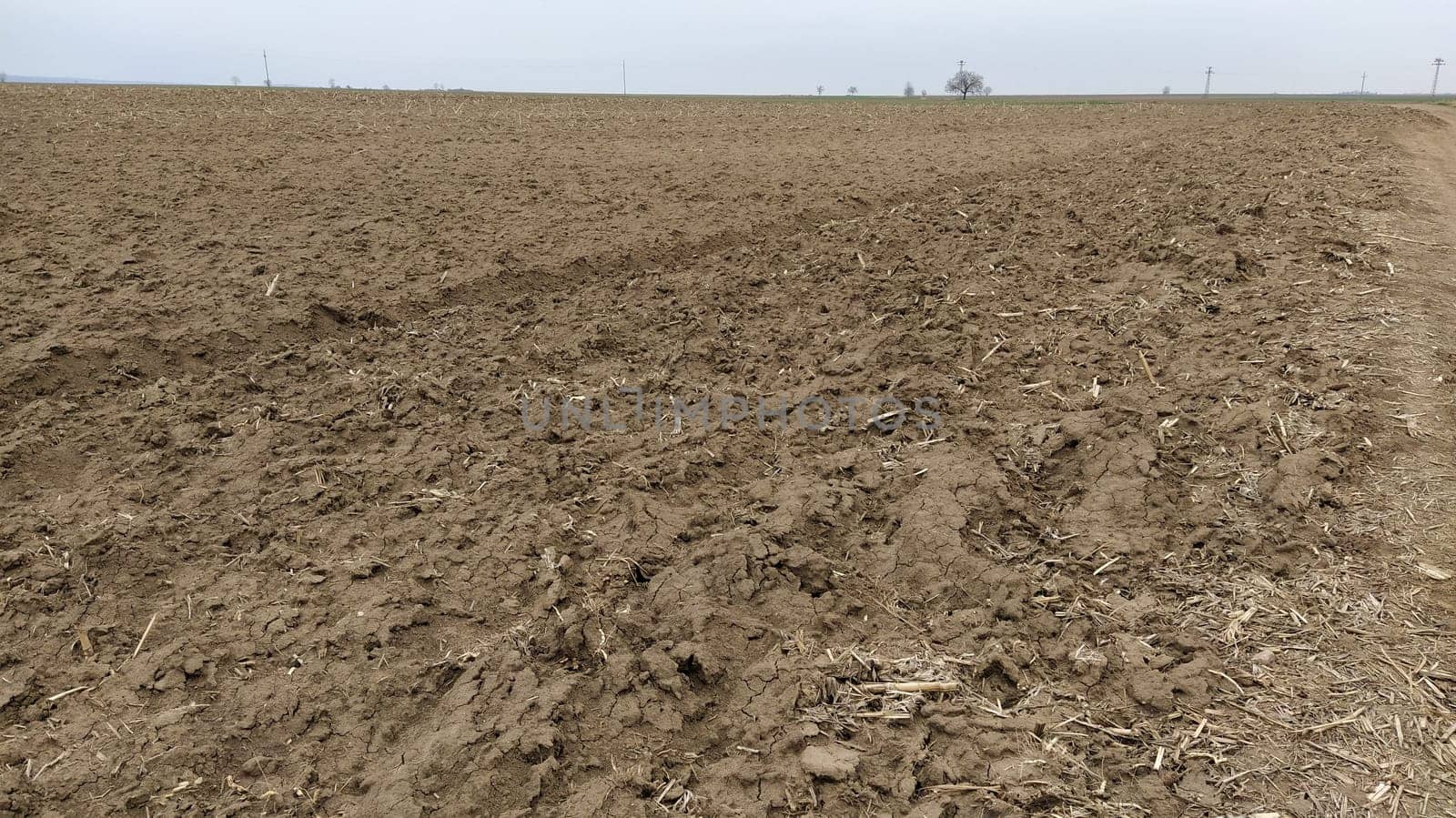 Freshly plowed field. Arable land with fertile soil for planting wheat. Rural landscape in Serbia, Balkans, namely Fruska Gora from Sremska Mitrovica. Furrows and pits. Preparatory agricultural work