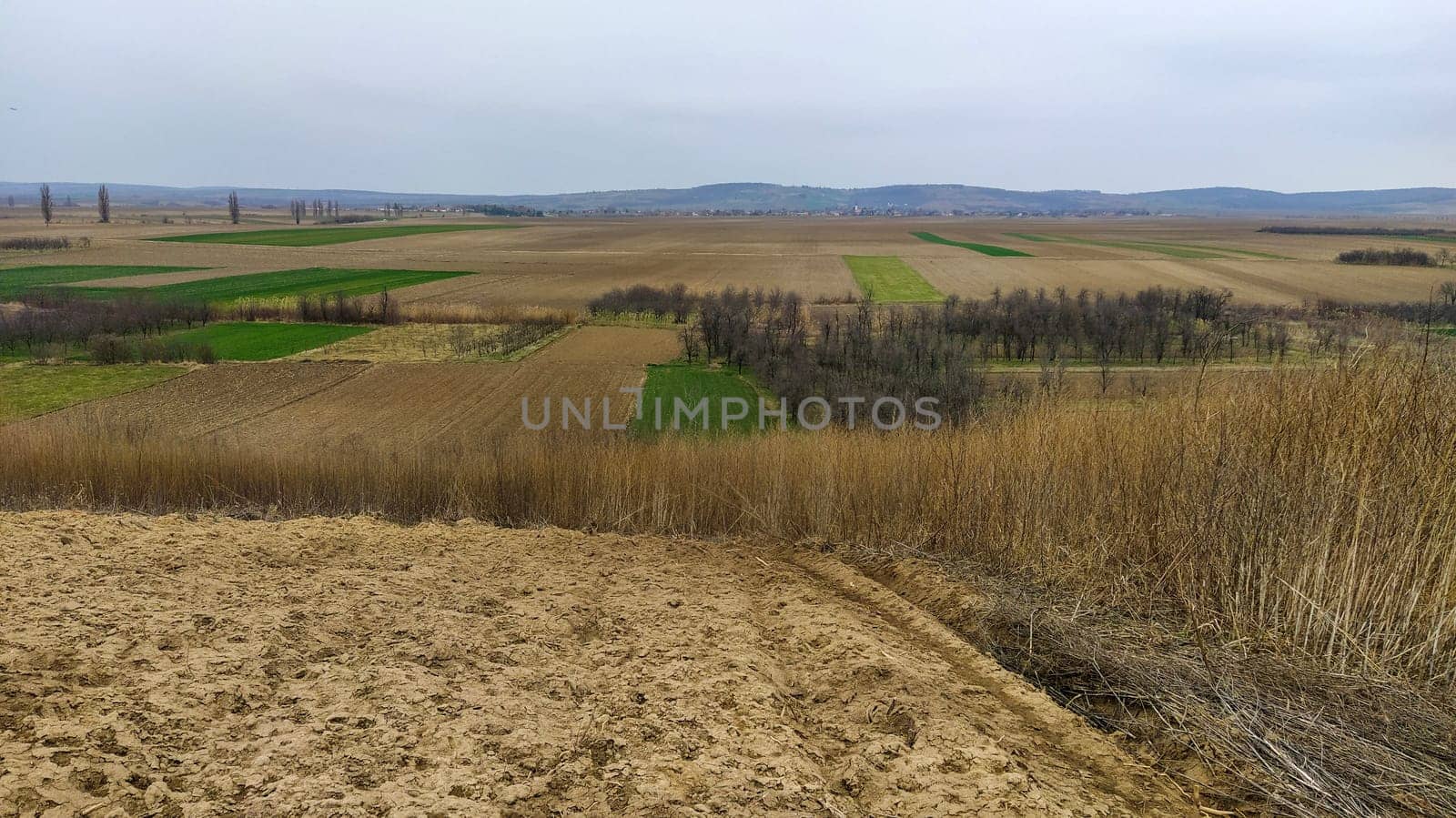 Freshly plowed field. Arable land with fertile soil for planting wheat. Rural landscape in Serbia, Balkans, namely Fruska Gora from Sremska Mitrovica. Furrows and pits. Preparatory agricultural work.