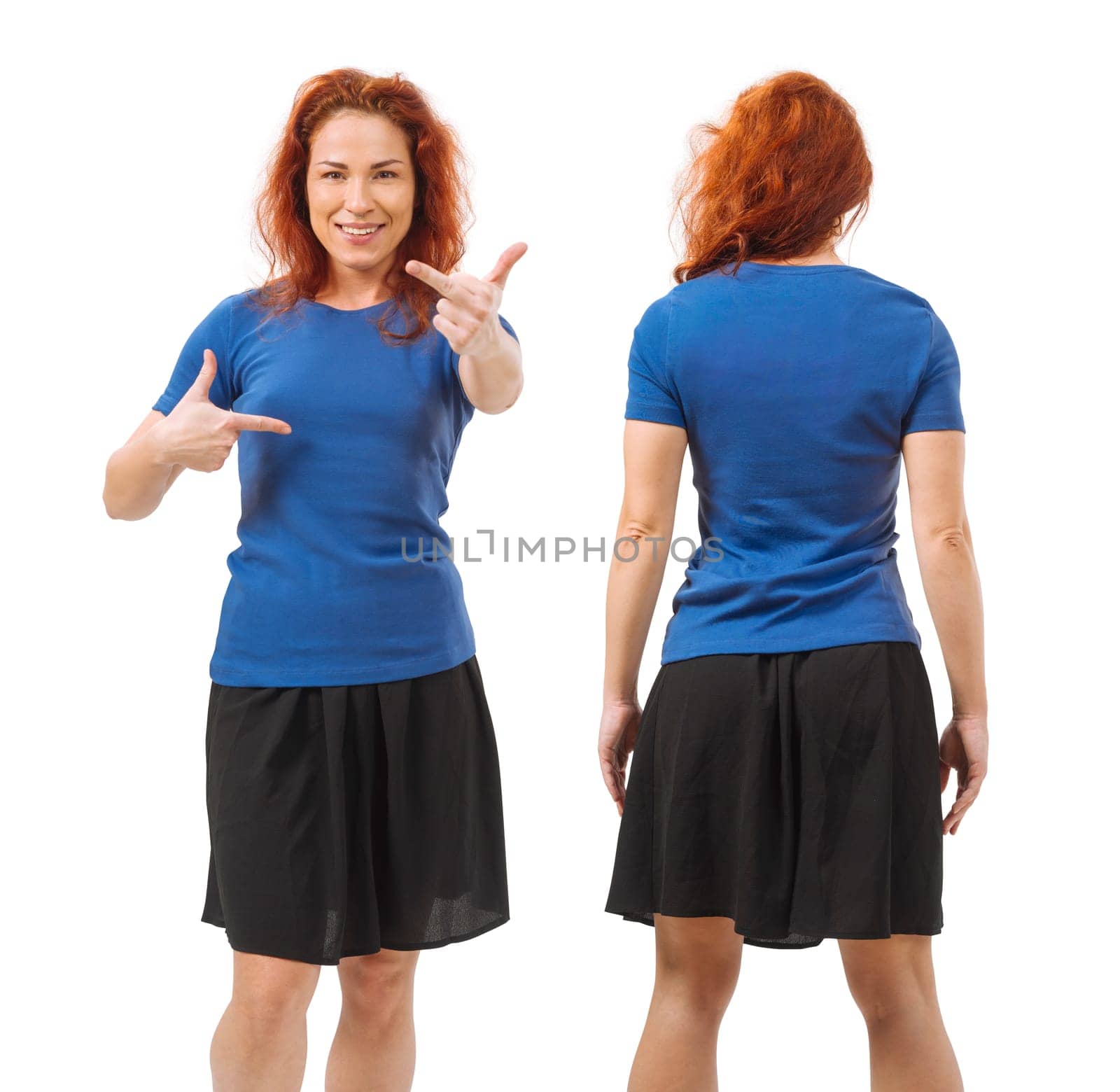 Photo of a young beautiful redhead woman with blank blue shirt, front and back. Isolated over white background and ready for your design or artwork..