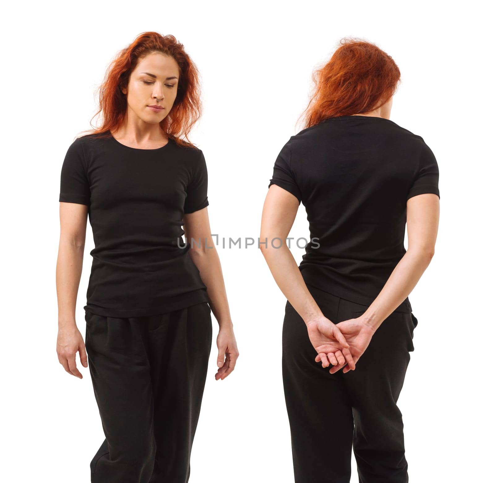 Photo of a young beautiful redhead woman with blank black shirt, front and back. Isolated over white background and ready for your design or artwork.