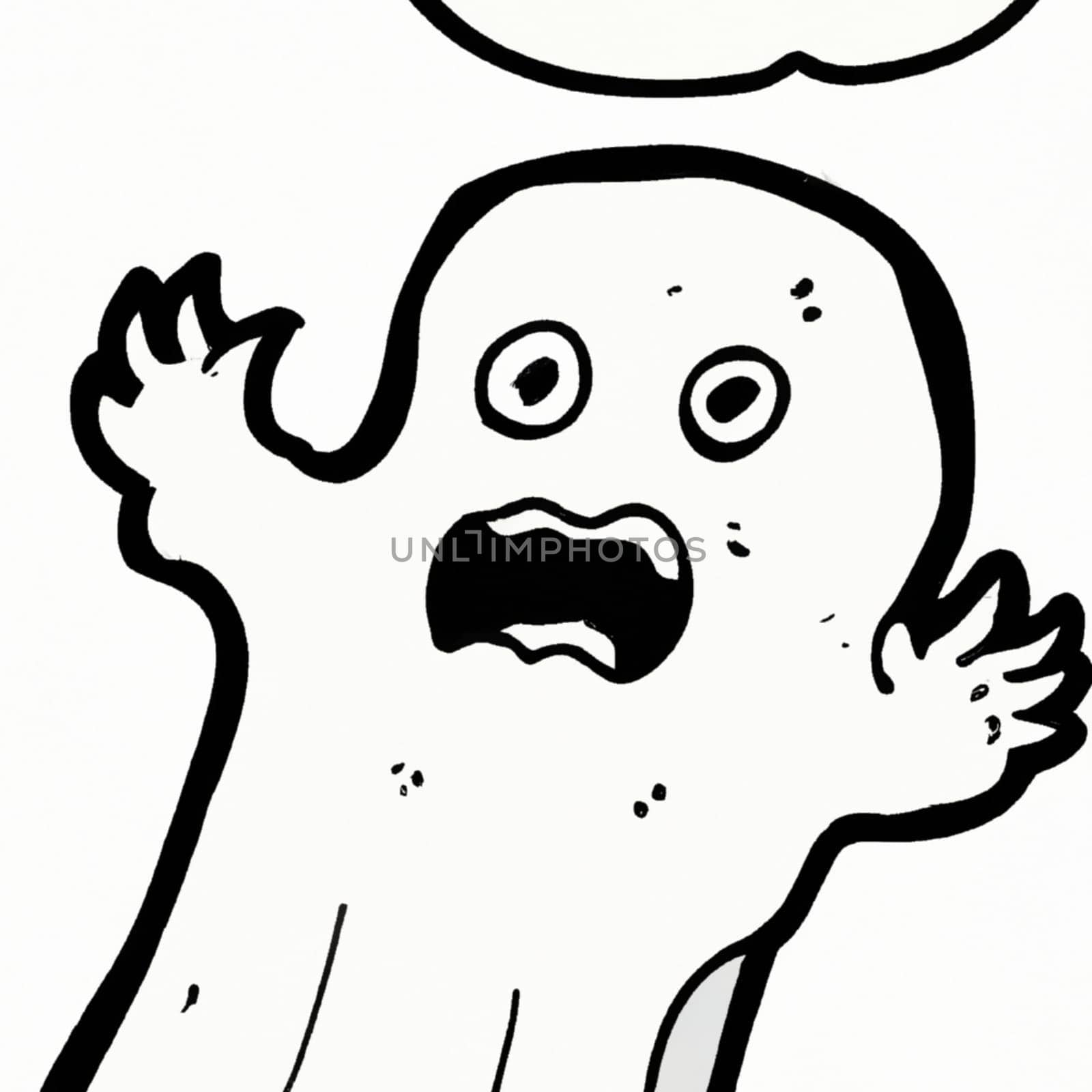 Ghostly vision in white robes scream and fly on white background. Ghost in terrible dream. Mystical atmosphere. Halloween, All Hallows Eve, All Saints Eve. Hallucinations, delusions, mental illness.