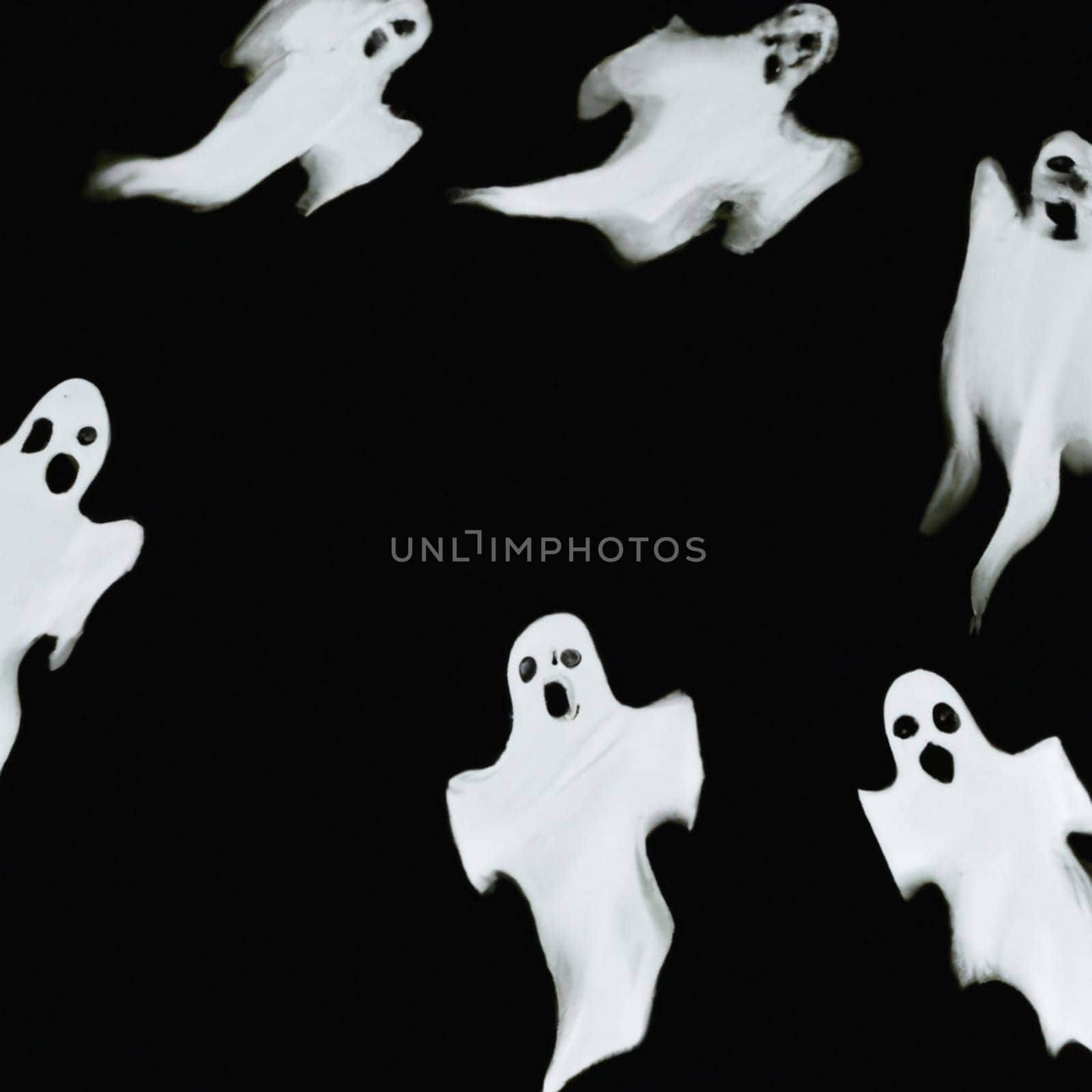 Ghostly visions in white robes scream and fly in the dark. Ghosts in the terrible dream. Mystical atmosphere. Halloween, All Hallows Eve, All Saints Eve. Hallucinations, delusions, mental illness.