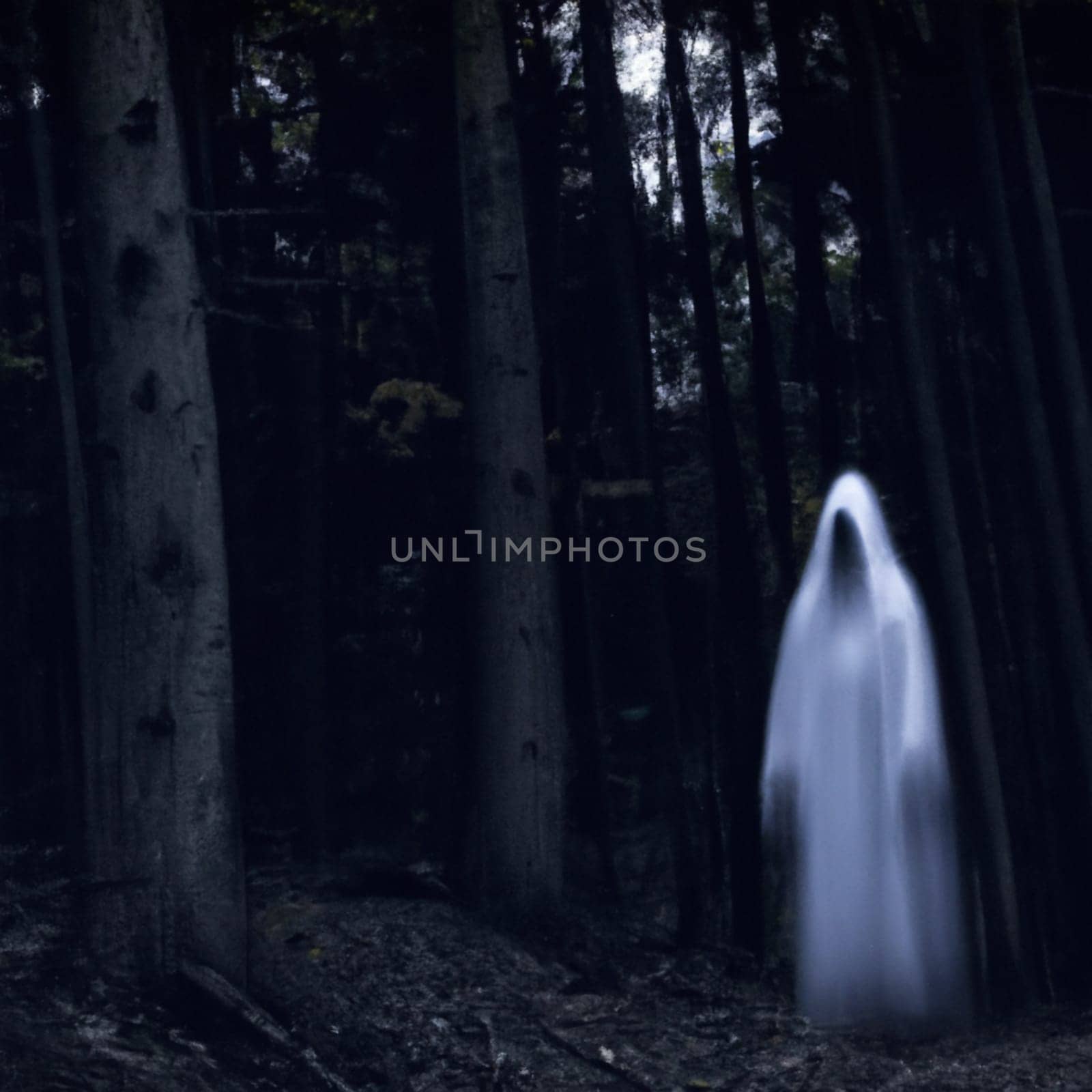 A ghostly vision in white robes roams between tree trunks. Ghost in the paranormal world. Horrible dream. Strange forest in a fog. Mystical atmosphere. Dark wood. Background wallpaper. Gloomy times