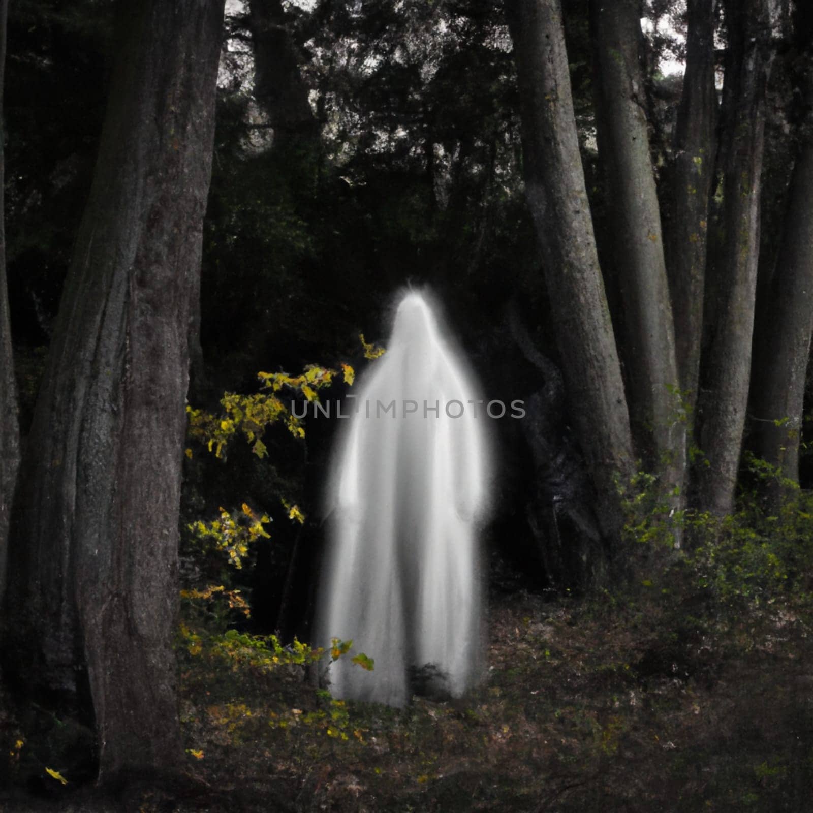 A ghostly vision in white robes roams between tree trunks. Ghost in the paranormal world. Horrible dream. Strange forest in a fog. Mystical atmosphere. Dark wood. Background wallpaper. Gloomy times