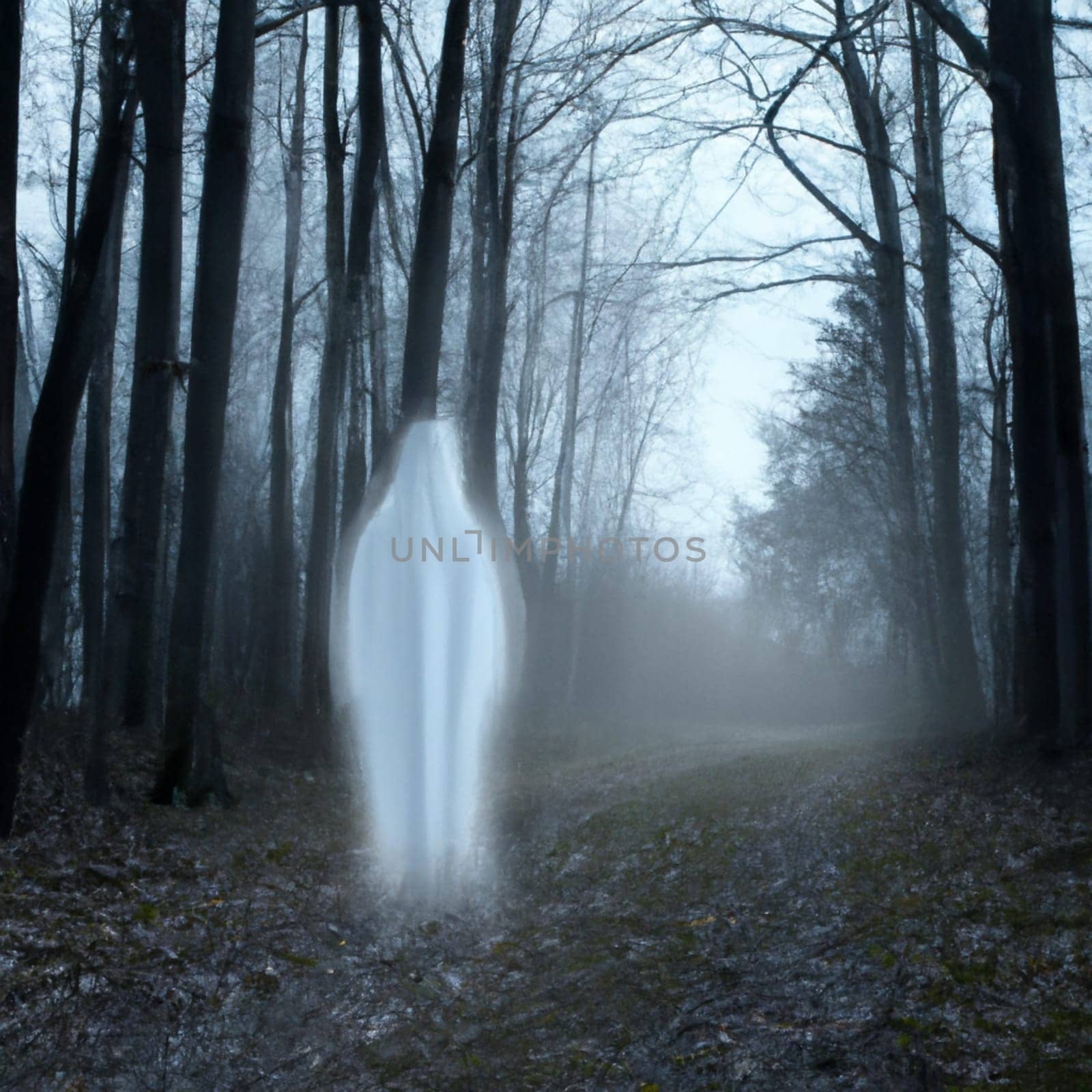 A ghostly vision in white robes roams between tree trunks. Ghost in the paranormal world. Horrible dream. Strange forest in a fog. Mystical atmosphere. Dark wood. Background wallpaper. Gloomy times